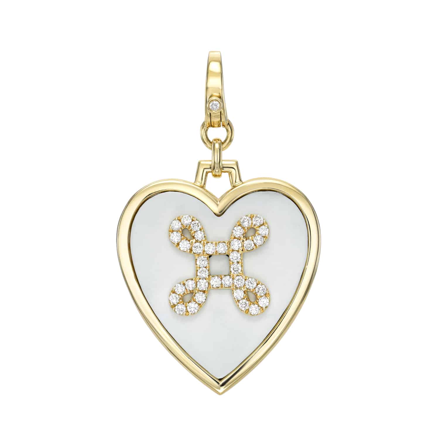 Experience elegance with the White Heart Love Knot Charm by Janet Heller Fine Jewelry. Featuring a diamond-studded bow on a mother-of-pearl backdrop and suspended from a gold loop with a diamond accent, this piece epitomizes luxurious charm.