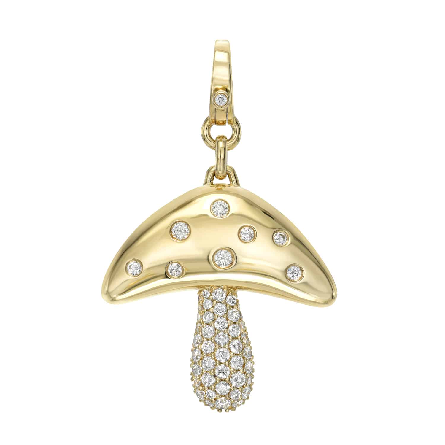 The Janet Heller Fine Jewelry Diamond Mushroom Charm is an exquisite gold pendant featuring sparkling diamonds on its cap and stem, secured with a gold clasp. Charming small diamond accents further enhance the designs enchanting cap.