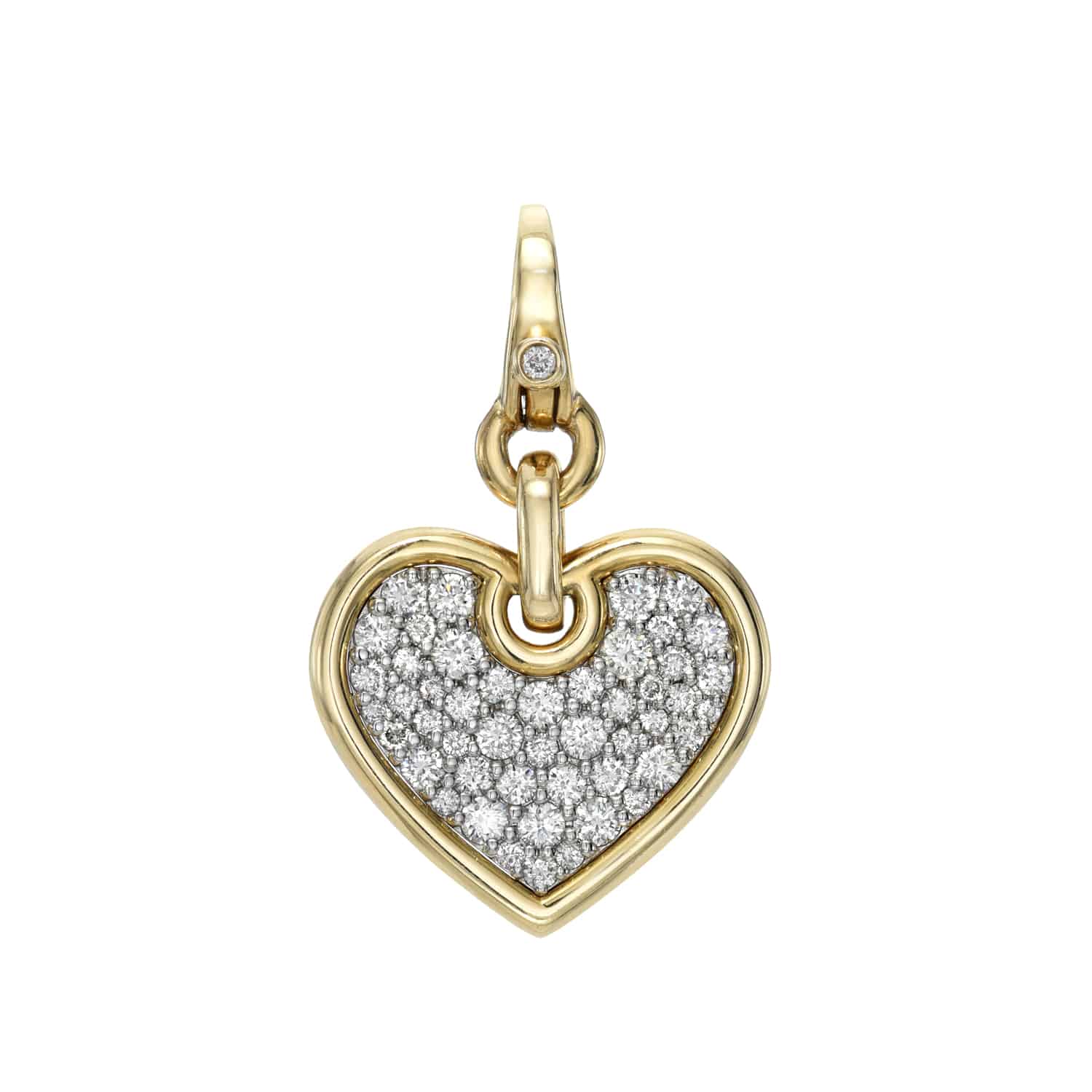 The Medium Flat Diamond Heart Charm by Janet Heller Fine Jewelry is a gold heart-shaped pendant accented with small round diamonds and a loop for chain attachment, offering customizable options and additional charms.