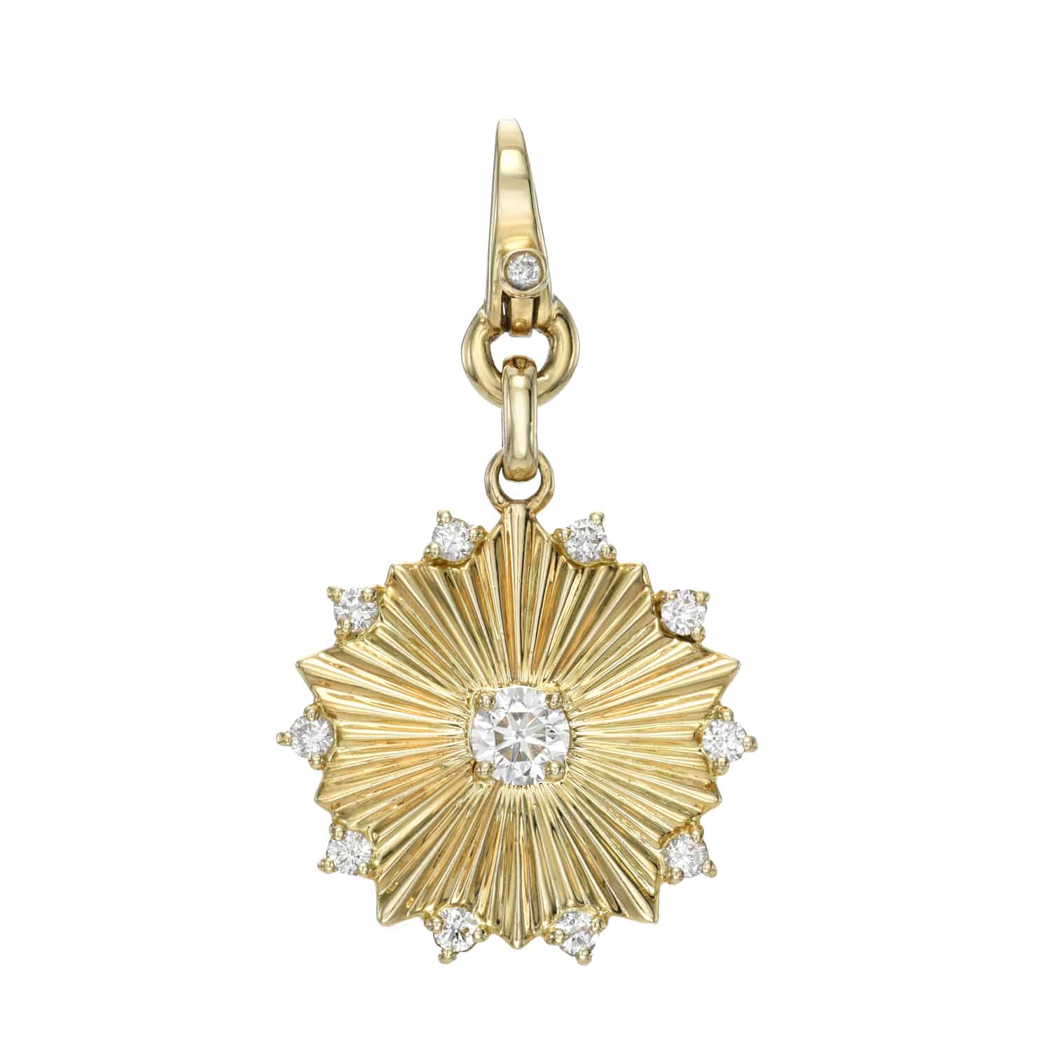 Explore the stunning Diamond Disc Burst Charm by Janet Heller Fine Jewelry, featuring a central diamond and smaller diamonds on each sunburst ray. It elegantly hangs from a gold loop with a diamond accent and is secured by a delicate clasp.