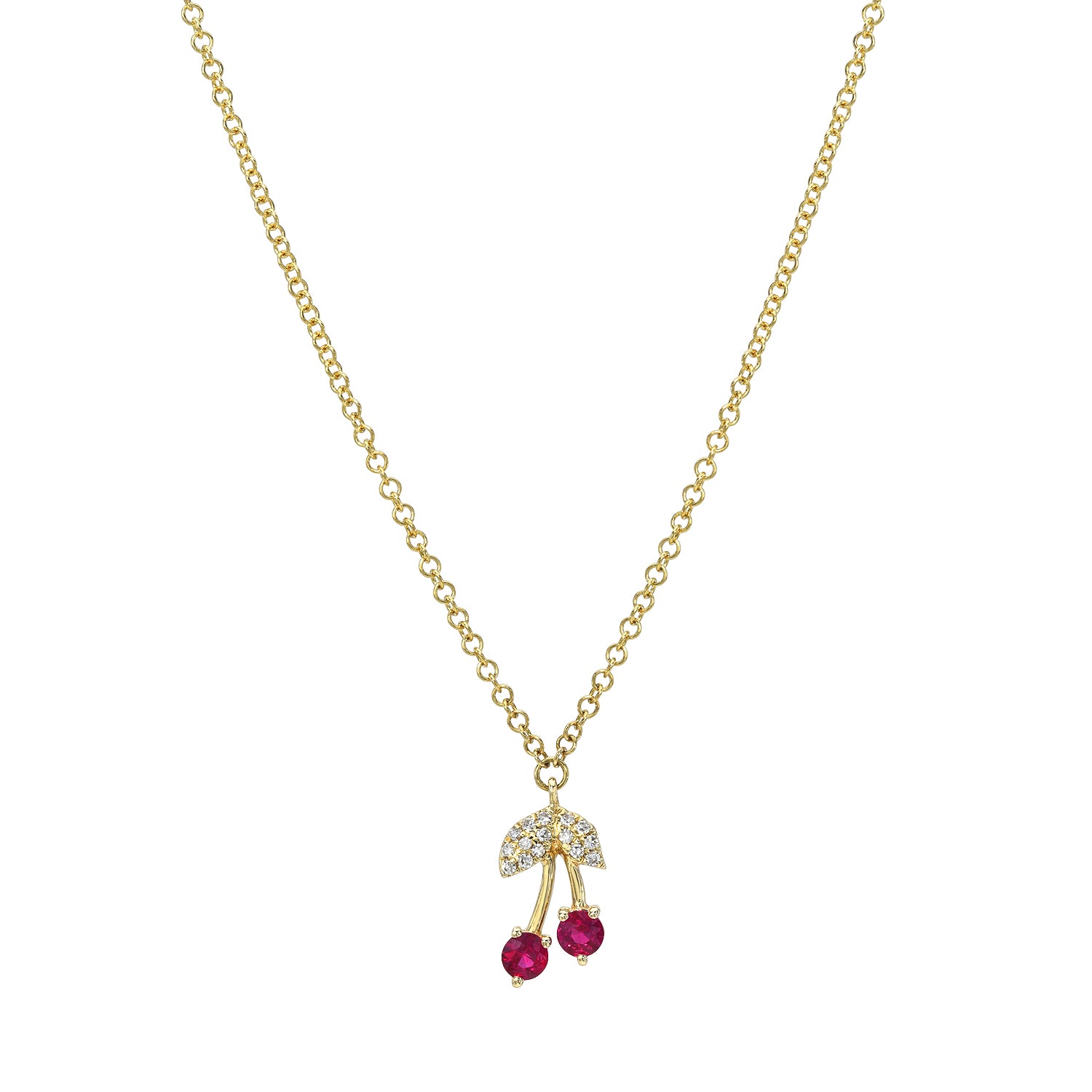 Experience the sophistication of Janet Heller Fine Jewelry with the Ruby Diamond Cherry Necklace. This graceful gold chain features a pendant of two red gemstones and a silver-toned, gem-studded leaf, all artfully designed like cherries.