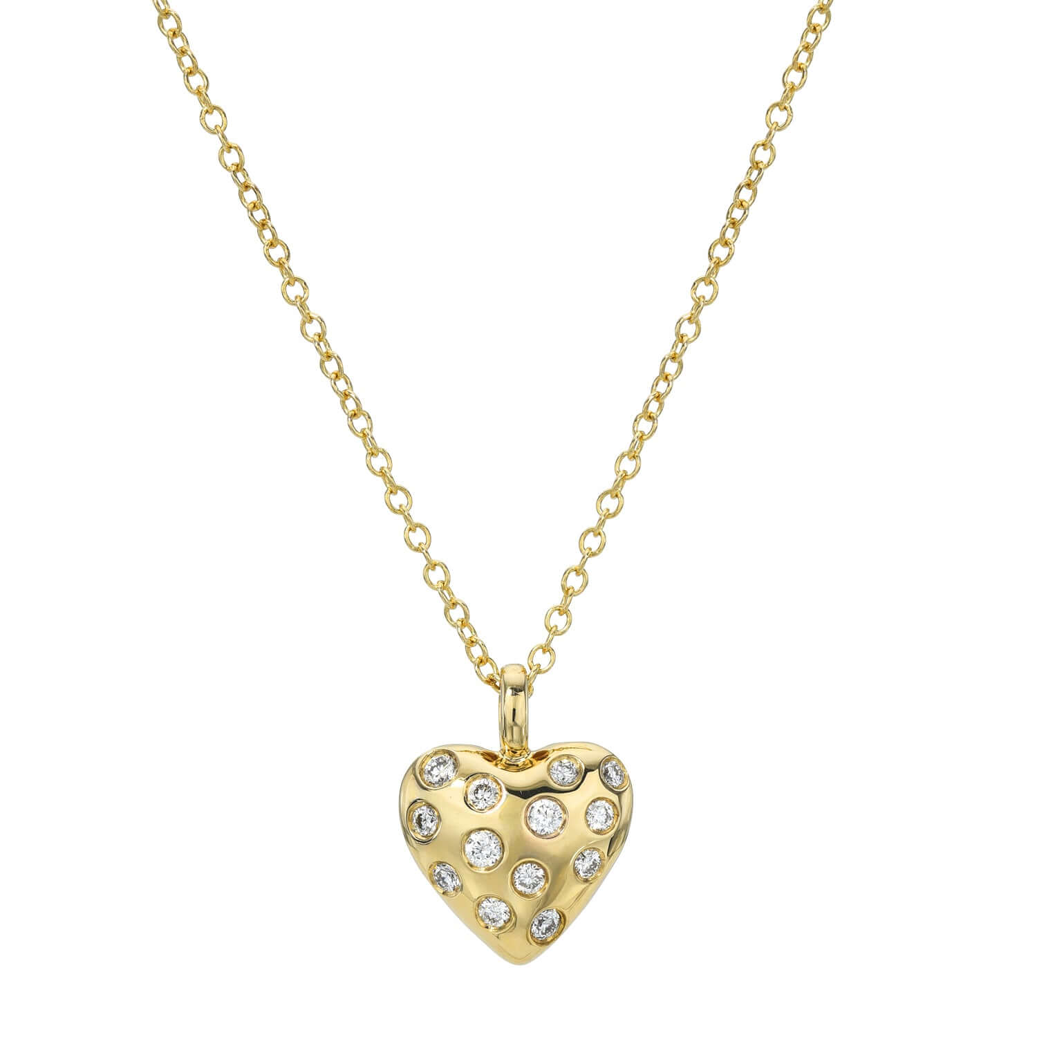 The Spotted Diamond Heart Necklace from the Janet Heller Fine Jewelry collection features a gold chain-link necklace with a heart-shaped pendant studded with evenly distributed sparkling stones. Customization inquiries are warmly welcomed.