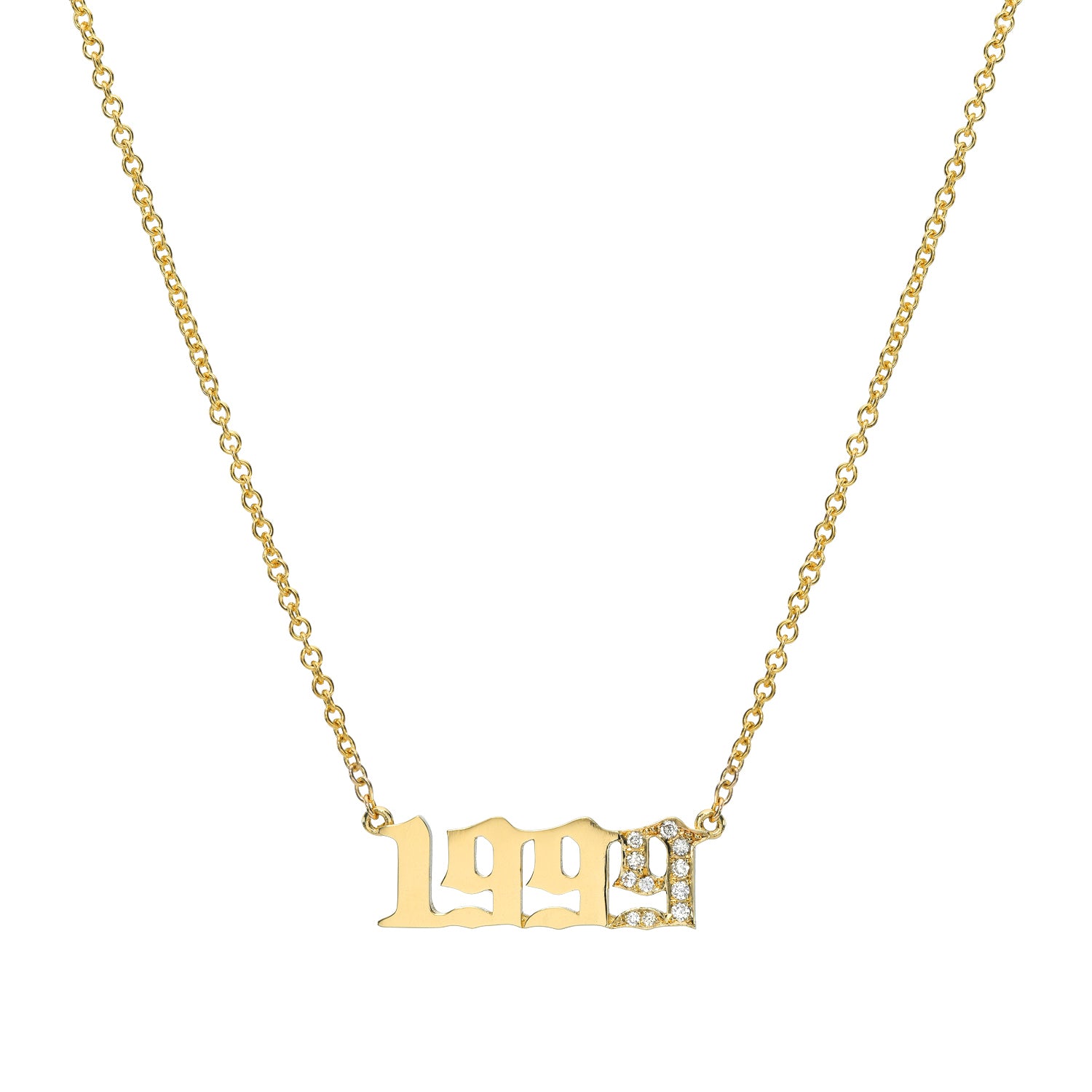 The Diamond Year Necklace features a gold chain with a 1991 pendant, where the final digit glitters with small stones. This unique jewelry is available for pre-order and can be customized to match your style.