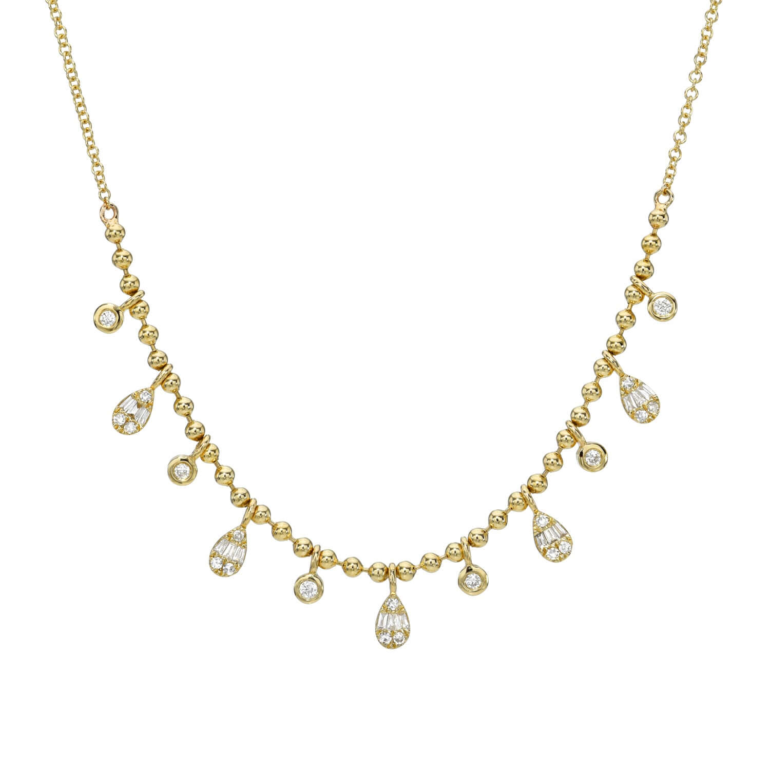 Explore the appeal of the Beaded Bezel & Pear Diamond Necklace adorned with small round beads and dangling pear-shaped pendants set with sparkling gemstones. Customizations are available for a unique, personalized touch.