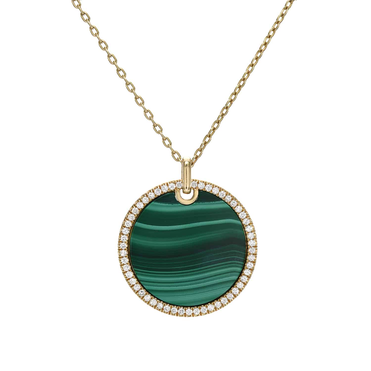 The Large Malachite Pendant Necklace features a circular pendant with a striking green malachite stone, bordered by white diamonds. It hangs from a delicately designed gold chain, and customizations are available upon request.