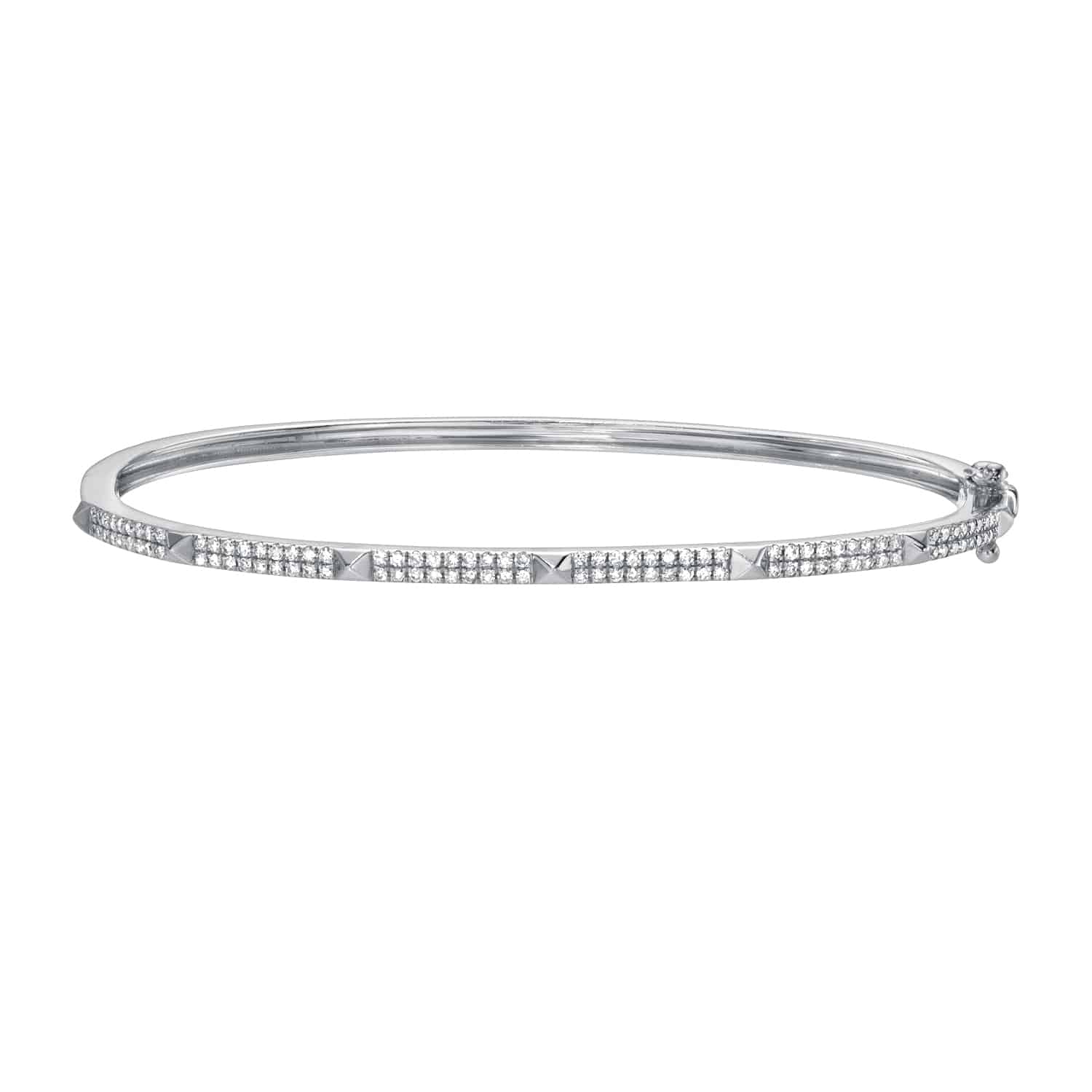 The Diamond Pyramid Olivia Bangle features a slim silver design adorned with small, evenly spaced square studs and rows of sparkling diamonds along the outer edge, displayed against a plain white background.