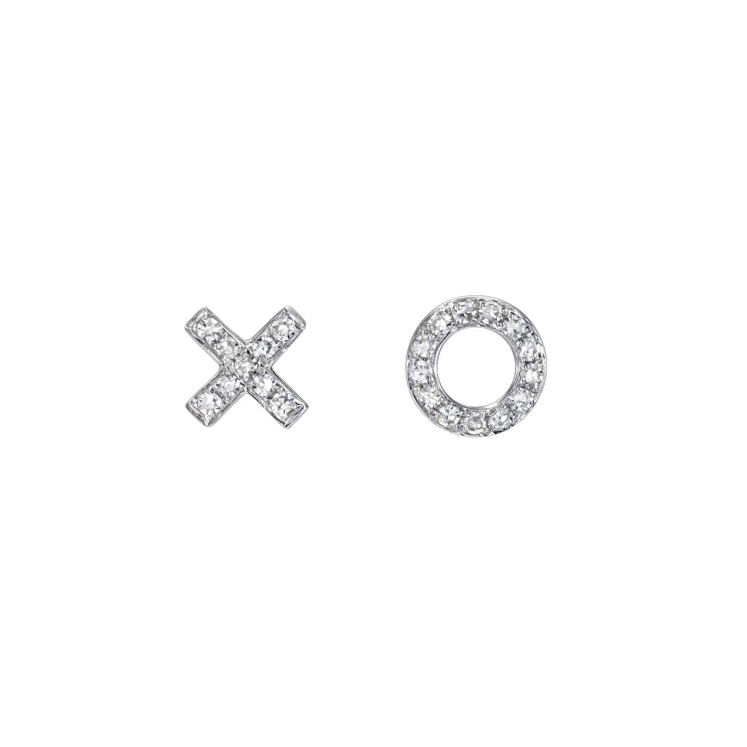 Diamond XO Studs: One earring in the shape of an X and the other in the shape of an O, each adorned with brilliant clear stones set against a white background—a contemporary showcase of Janet Heller Fine Jewelry’s commitment to custom jewelry artistry.