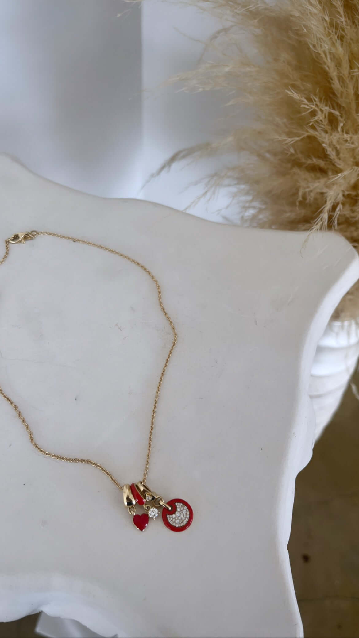 A delicate gold necklace from Janet Heller Fine Jewelry, featuring customizable charms—a red heart and the Red Enamel Mini Round Diamond Charm—rests on a white surface, enhanced by feathery beige pampas grass in the background.