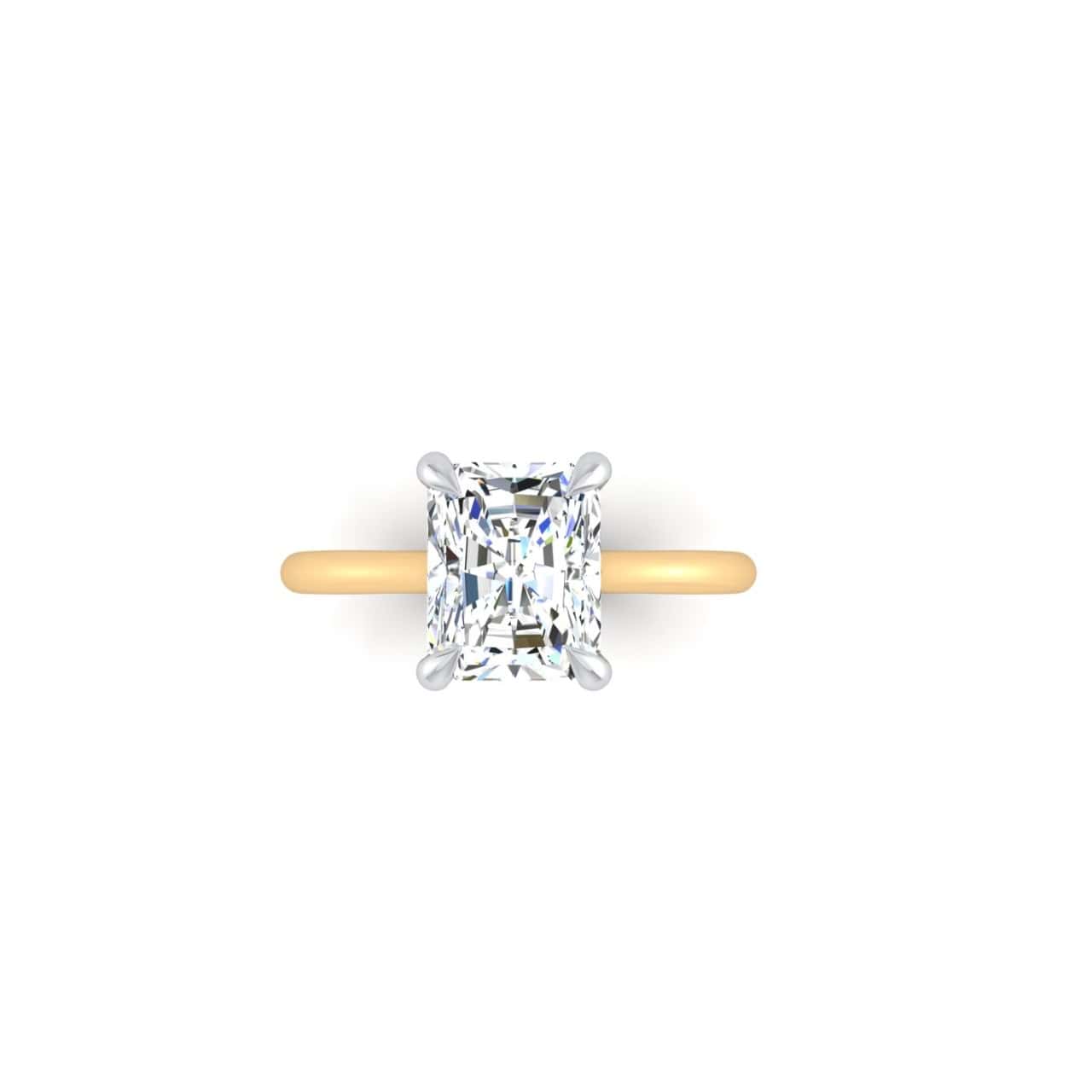 The Solitaire ring features a radiant-cut diamond in a solitaire setting on an 18KT gold band, centered against a plain white background. The large rectangular diamond, held by four prongs, highlights its brilliance and clarity.