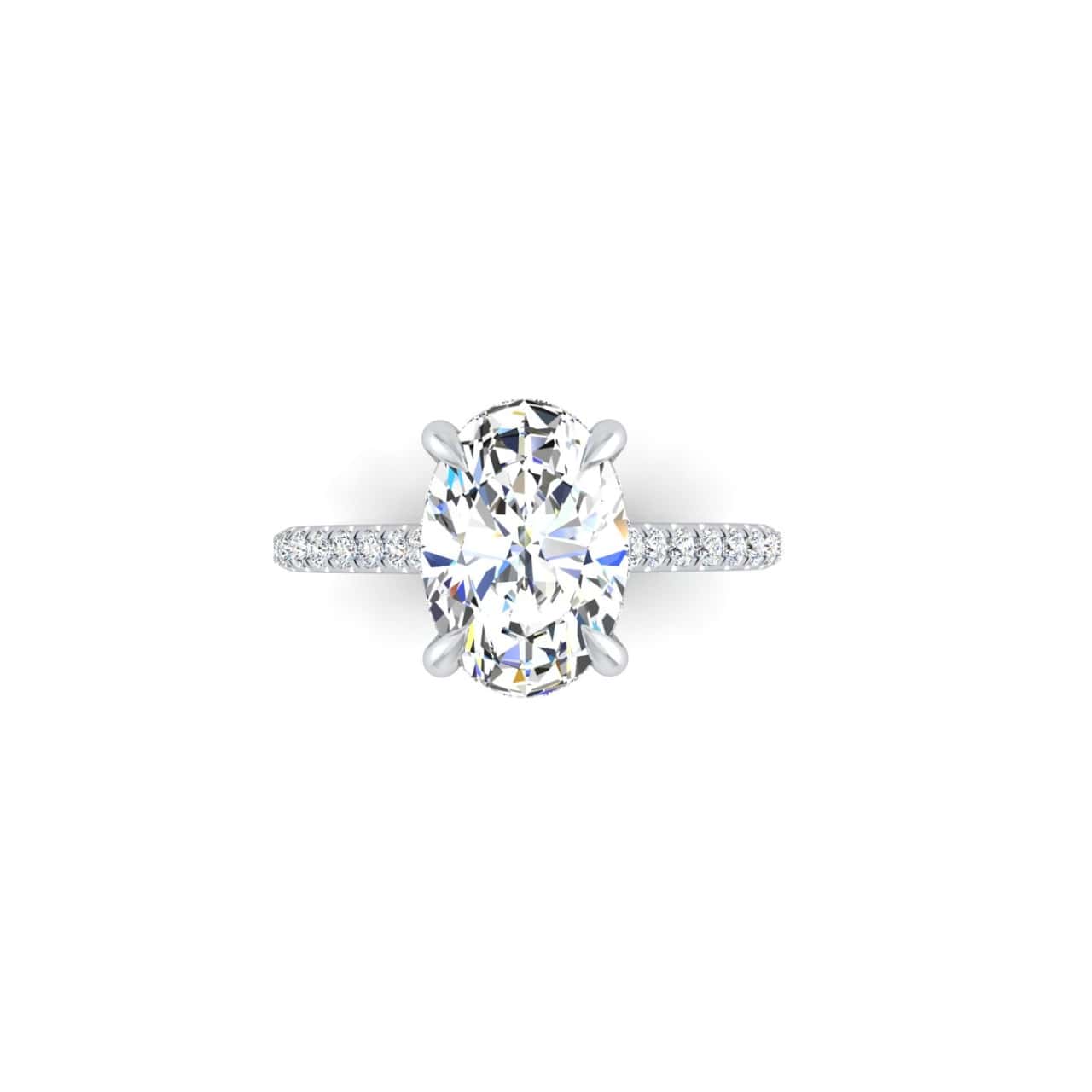 The Unity + Hidden Halo engagement ring features a large oval-cut diamond encircled by a diamond halo. A band adorned with pavé-set round diamonds enhances its sparkle and timeless elegance.