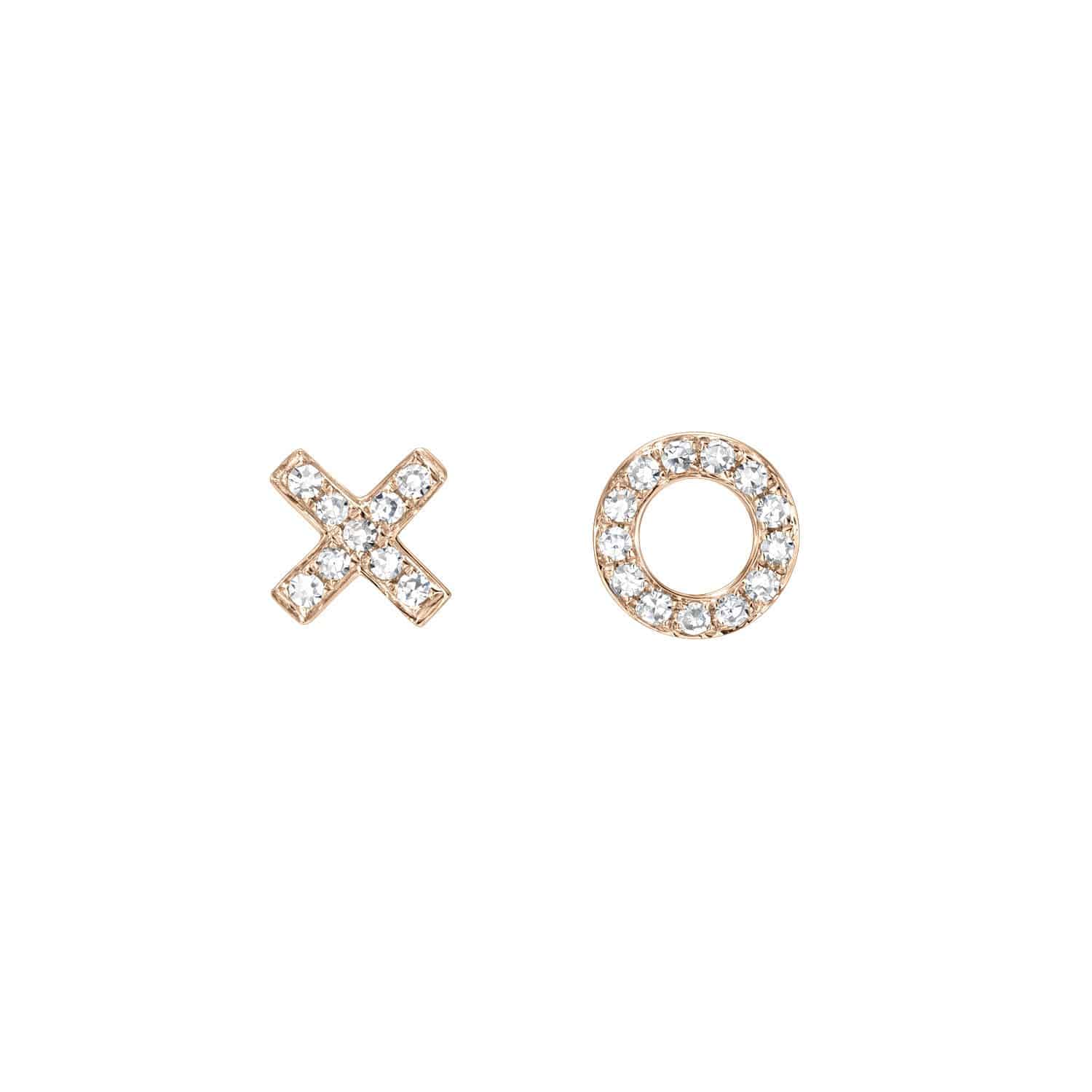 Introducing the Diamond XO Studs: a playful pair of gold stud earrings—one in an "X" and the other in an "O" shape—each adorned with sparkling clear diamonds, perfect for adding a unique touch to custom fine jewelry.