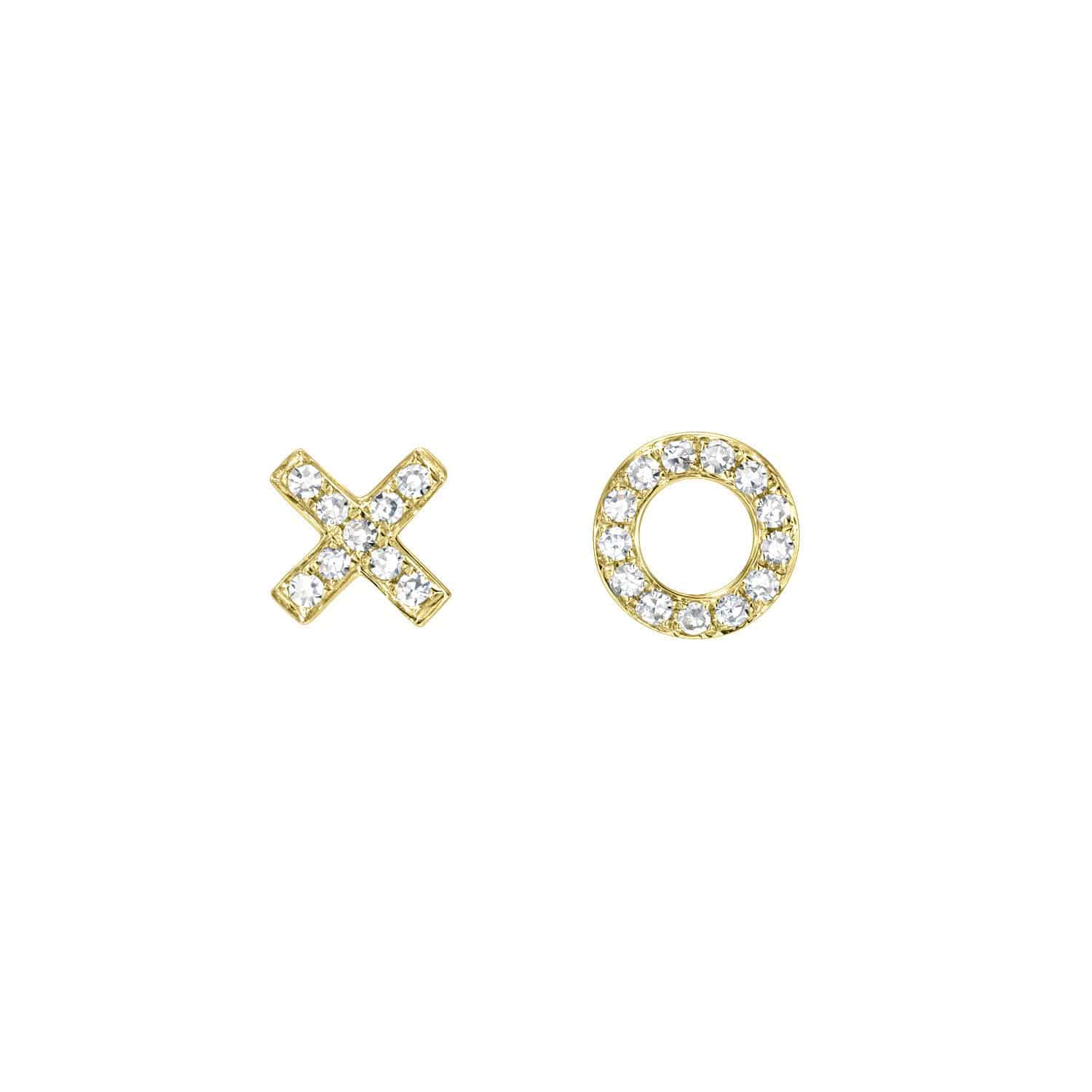 The Diamond XO Studs, featuring gold earrings in the shape of X and O with embedded diamonds, showcase exquisite jewelry craftsmanship. For customizations or inquiries, please contact us.
