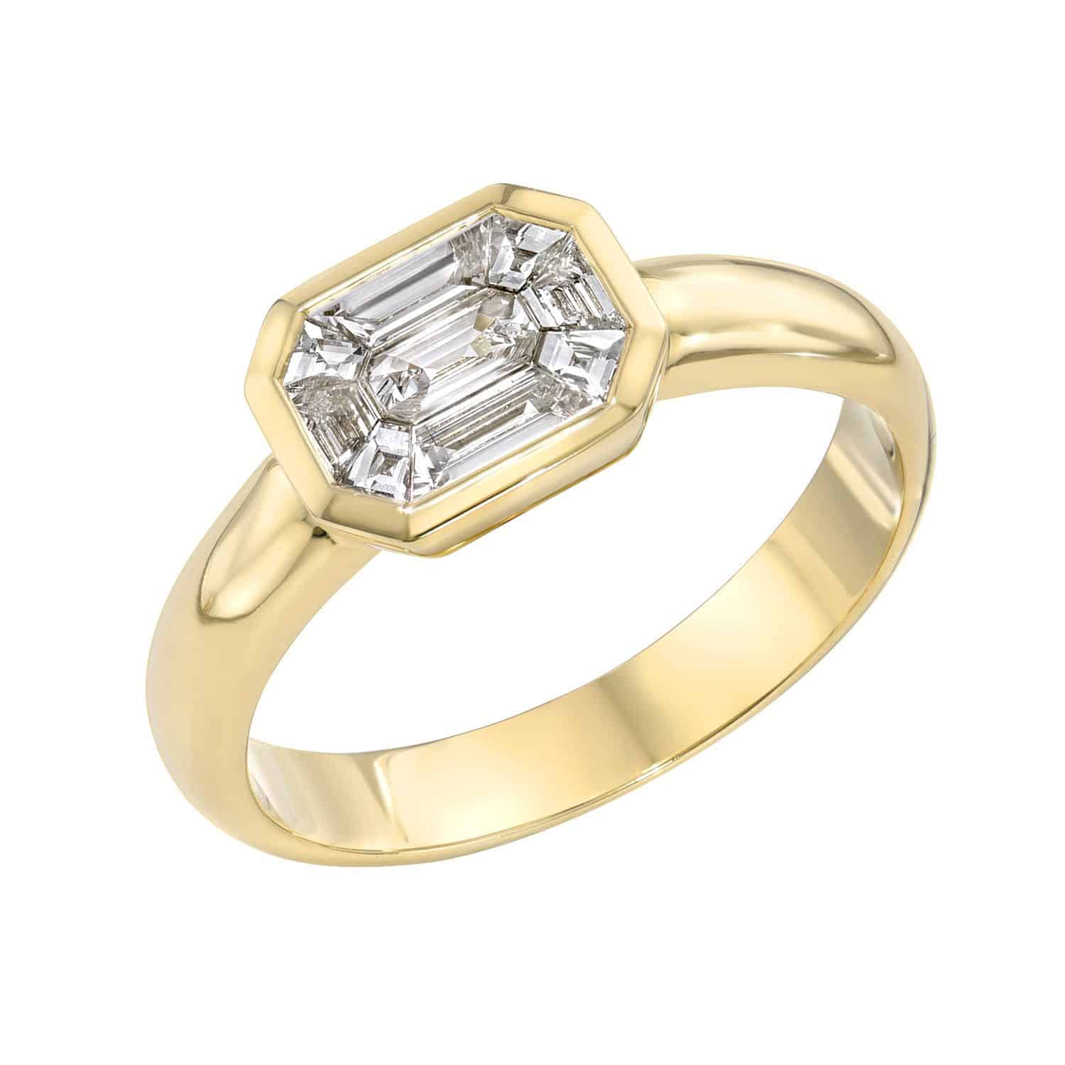 The Diamond Athena Ring is an elegant jewelry piece featuring a gold band with a hexagonal head and baguette-cut clear gemstones arranged in a geometric pattern. Available for preorder, it radiates sophistication.