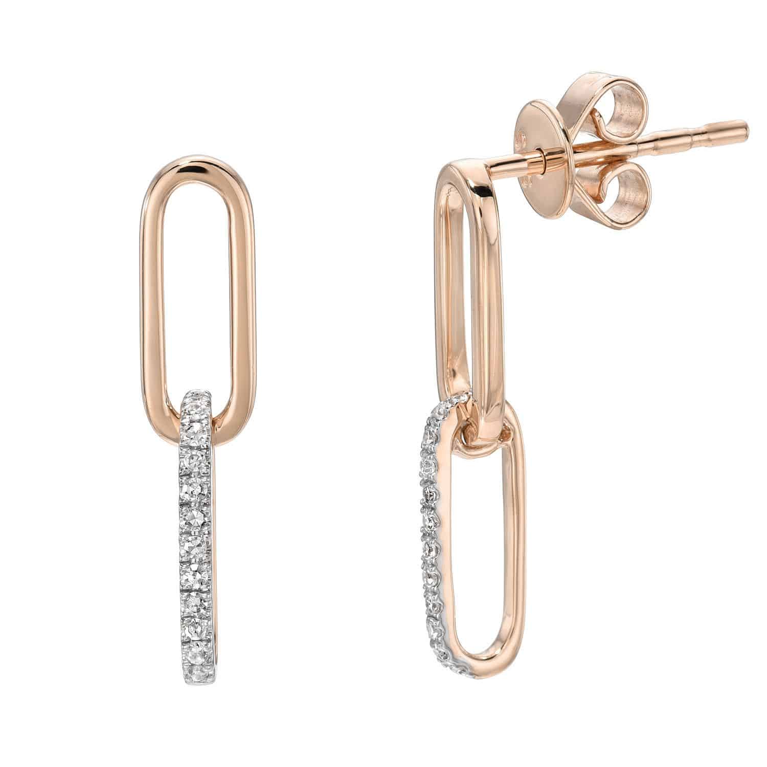 Diamond Emerson Earrings in rose gold, featuring two interlocking oval links—one with a polished finish and the other embellished with delicate, sparkling diamonds. One earring is displayed from the front and the other from the side.