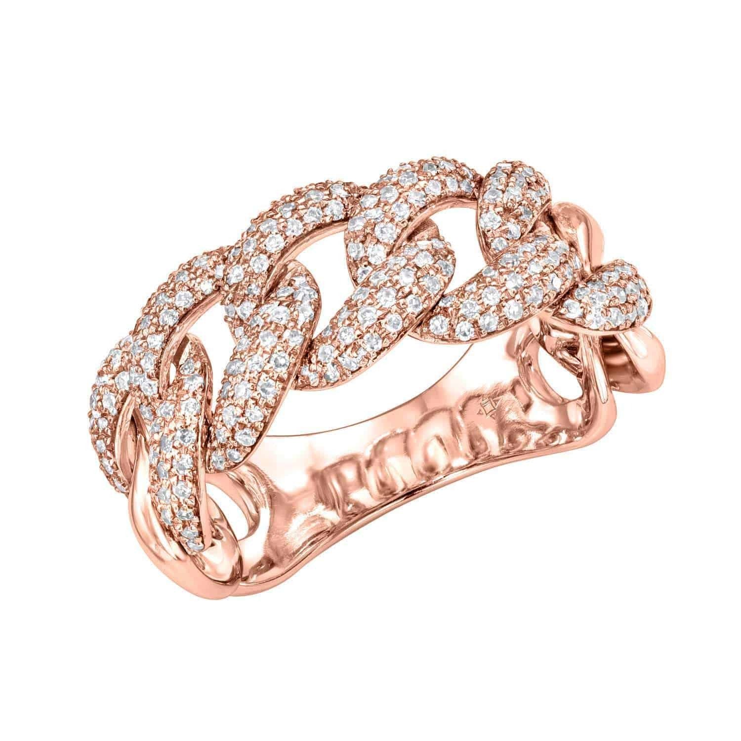 Sure! Here’s a revised sentence using your product data: The Diamond Hunter Ring by Janet Heller Fine Jewelry features a striking rose gold, interlocking chain design set with small sparkling diamonds. This unique ring (SKU: RIN-371-5-Y), priced at $2,352.00, is available in your preferred ring size or as a preorder.