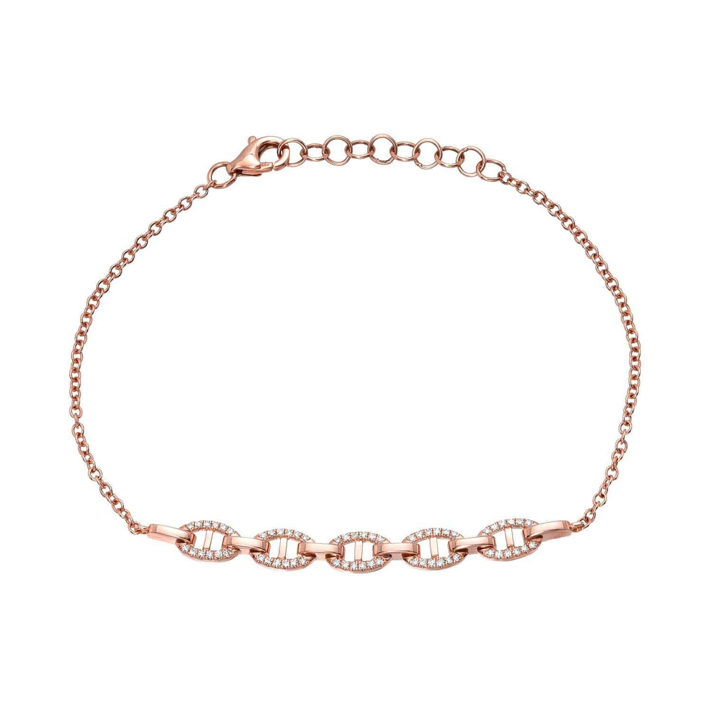 Explore the Diamond Julianna Bracelet by Janet Heller Fine Jewelry, a stunning gold chain with five interlocking loops, each graced by a central diamond. Its adjustable clasp and intricately crafted links embody elegance and precision.