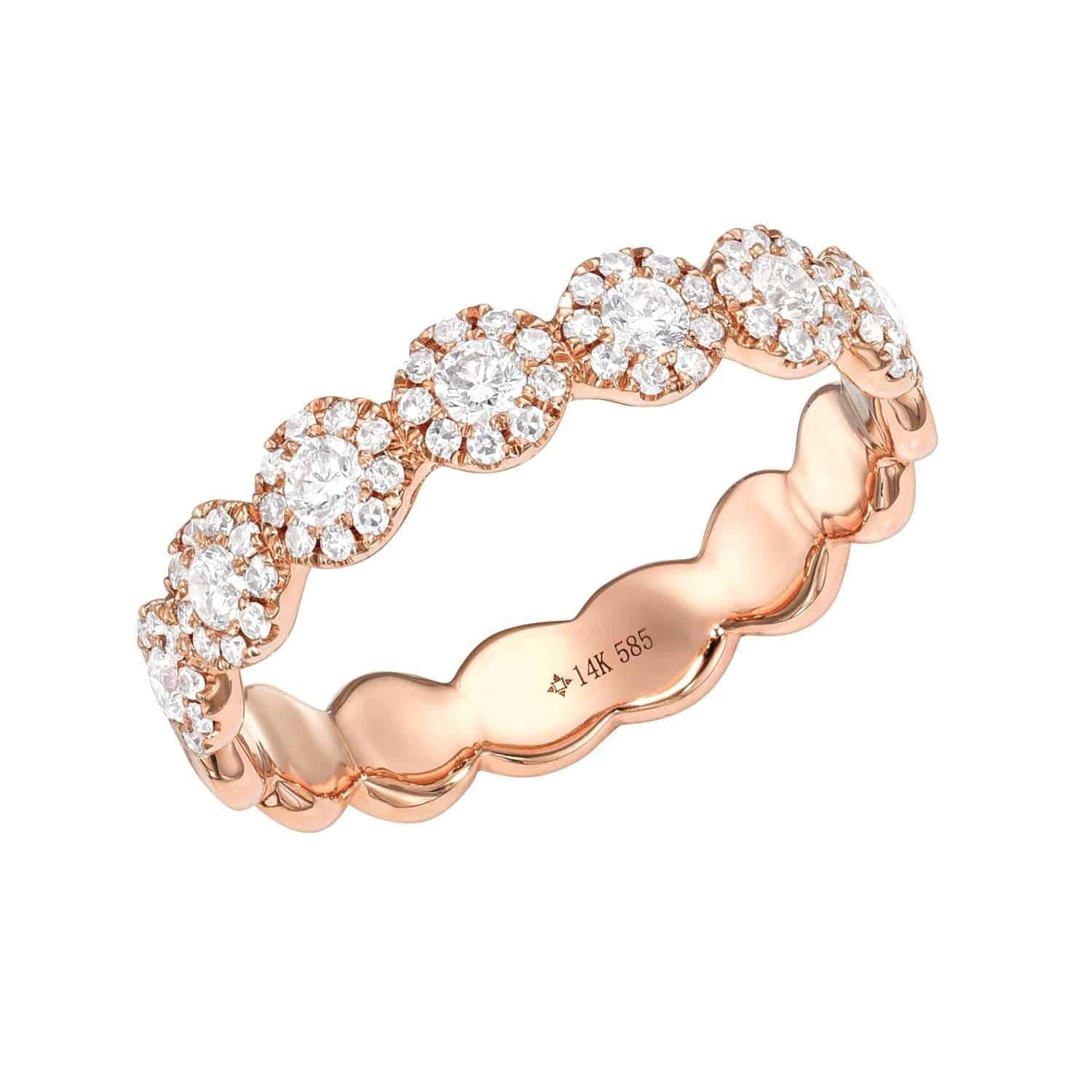 The Diamond Leah Ring features a rose gold scalloped band with clusters of round white diamonds in a floral pattern. "14K 585" is stamped inside the band. For ring size or preorders, please contact us.