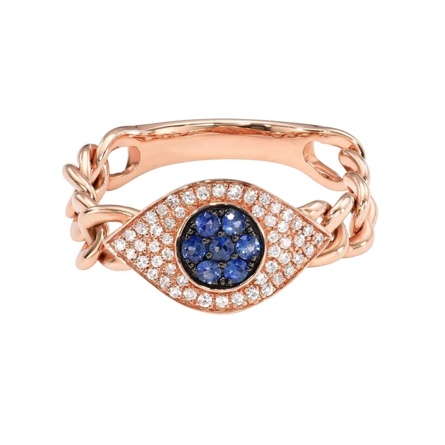 Introducing the Evil Eye Chain Ring: a rose gold preorder piece featuring a unique chain band and an eye-shaped centerpiece adorned with striking blue gemstones at its center, encircled by delicate white stones. For custom ring sizes, please contact us.