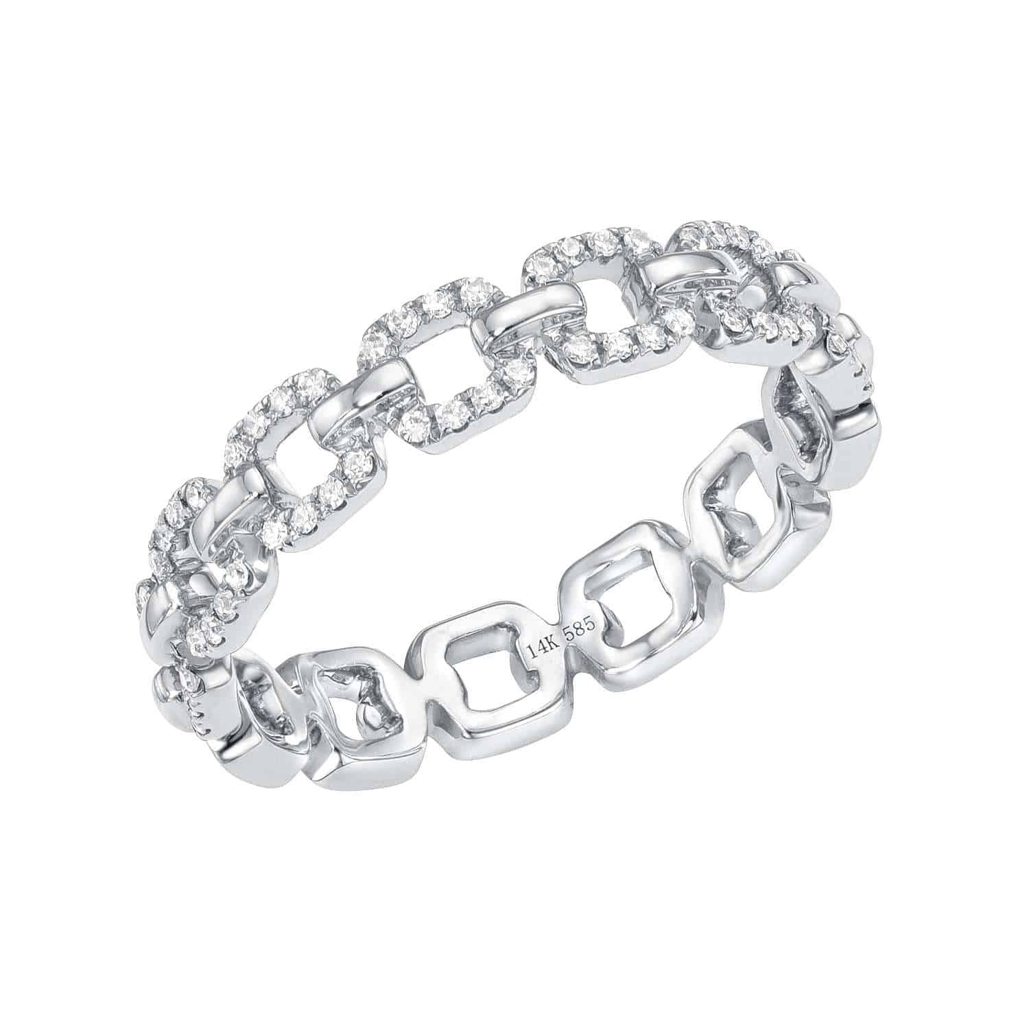 The Diamond Chain Bella Ring from Janet Heller Fine Jewelry features alternating silver chain links—some encrusted with small diamonds and others left plain—along with a 14K 585 engraving inside the band. Available in your preferred ring size, this exquisite piece (SKU: RIN-364-4.5-Y) is also offered as a preorder for those seeking something truly special, priced at $1294.00.