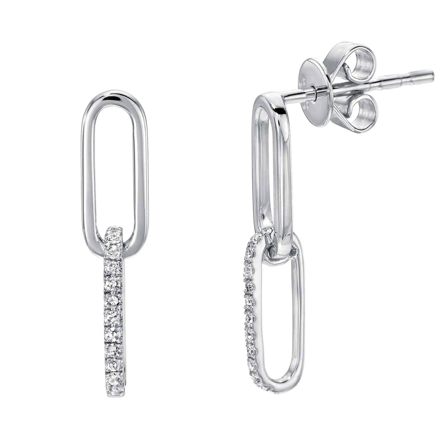 A pair of Diamond Emerson Earrings featuring two interlocking oval links—one plain and one embellished with small clear crystals—displayed against a white background.