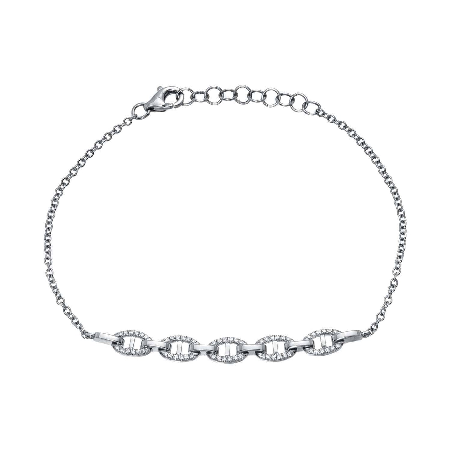 The Diamond Julianna Bracelet from Janet Heller Fine Jewelry is a delicate silver piece featuring five linked ovals with small rectangular accents and an adjustable clasp for a perfect fit.