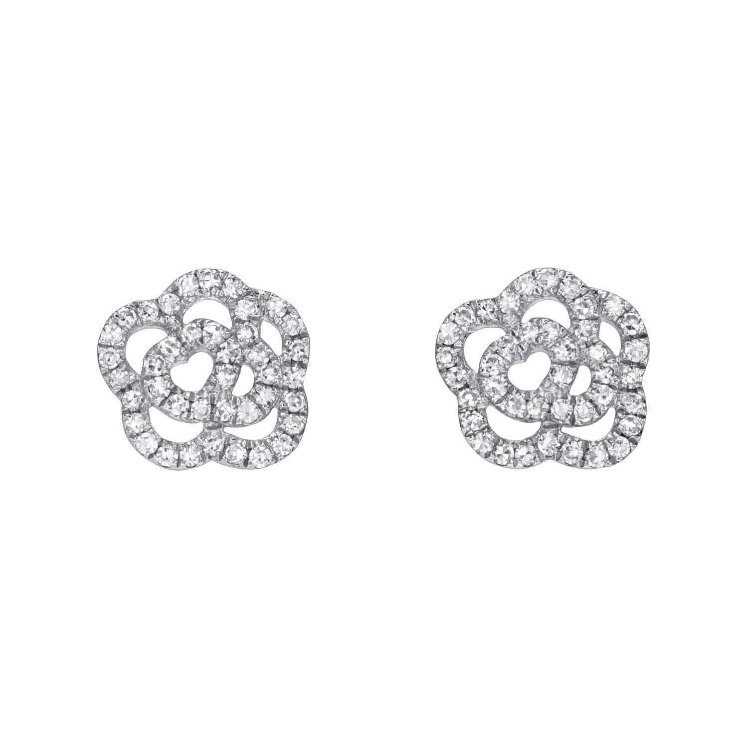 Introducing the Diamond Rose Studs: silver floral-shaped stud earrings with an open petal design, each embellished with small sparkling clear stones, beautifully displayed on a plain white background—a timeless piece from Janet Heller Fine Jewelry.