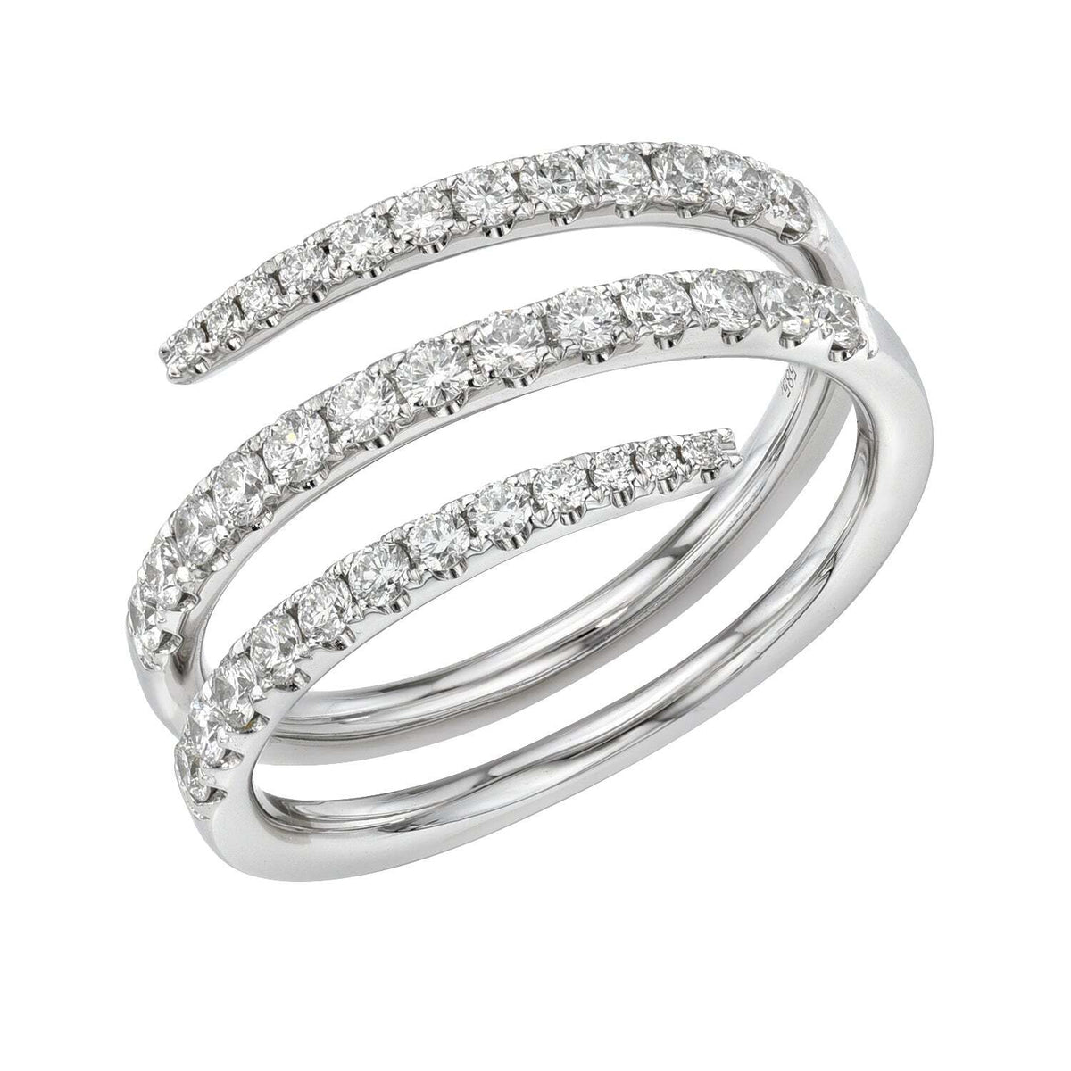 The Diamond Spiral Ring from Janet Heller Fine Jewelry showcases three silver spiral bands, with two bands adorned with small, sparkling diamonds. Available for preorder, this elegant ring can also be customized to your exact ring size for the perfect fit.