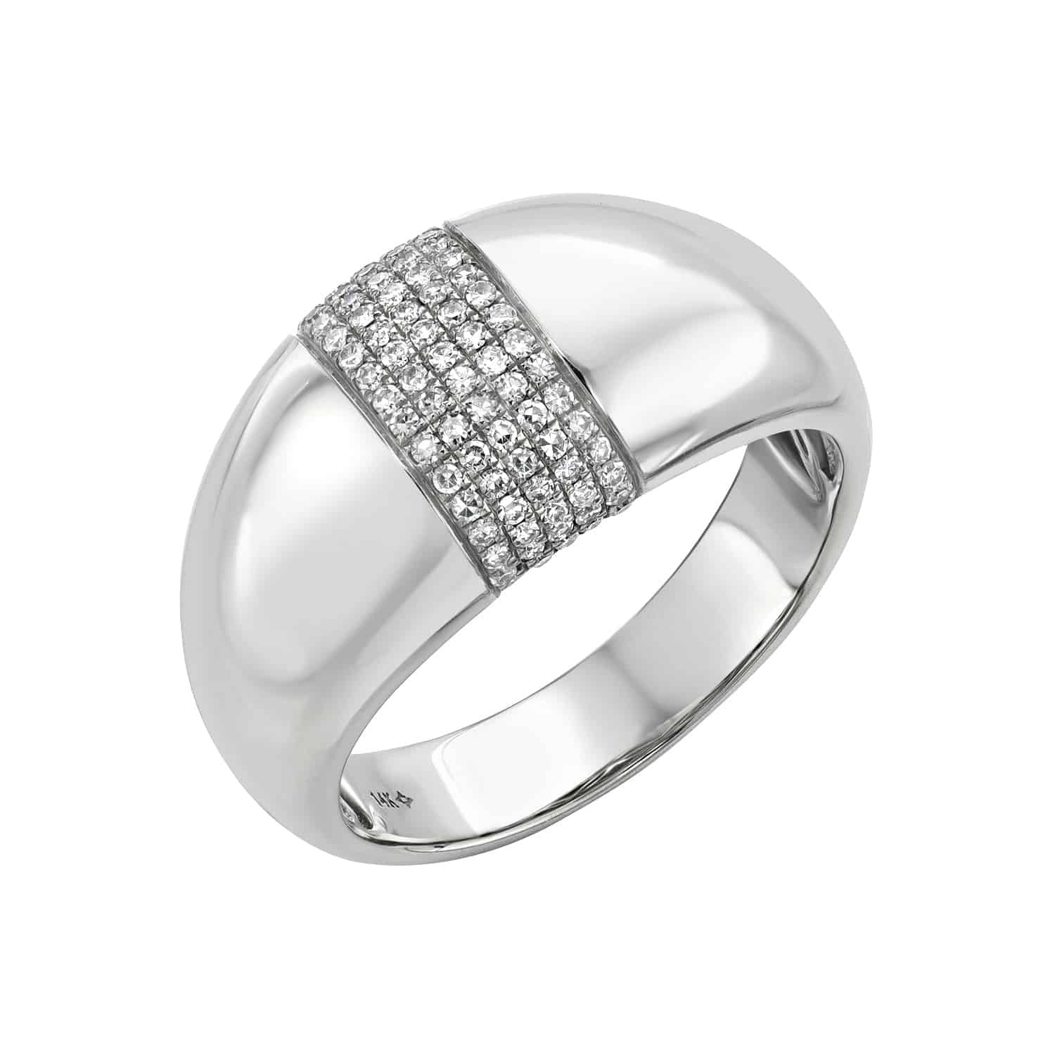 Introducing the Extra Large Diamond Dome Ring—a polished silver piece boasting a wide band and three rows of small, sparkling diamonds set across the top center. Custom ring sizes are available; contact us for more information or to preorder your ring today.