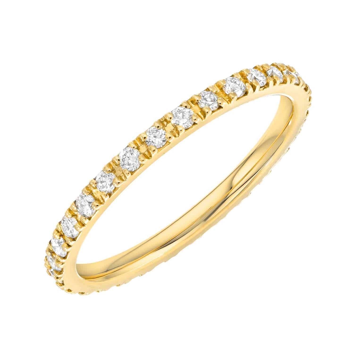 The Diamond Ellory Ring by Janet Heller Fine Jewelry features a thin gold band with small round diamonds set close together all around. Available for preorder—please specify your ring size for the perfect fit.