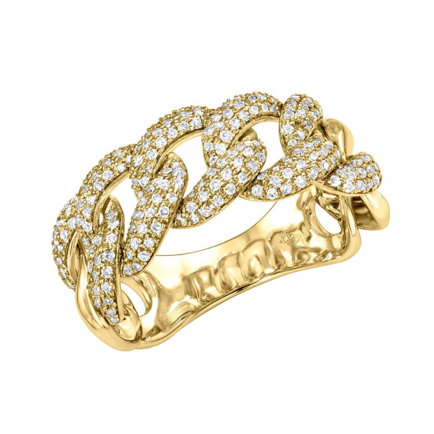 Introducing the Diamond Hunter Ring from Janet Heller Fine Jewelry—a striking gold ring featuring a chain-link design, each link adorned with sparkling white diamonds, beautifully showcased against a white background. This elegant piece is available for preorder (Product: Diamond Hunter Ring | SKU: RIN-371-5-Y | $2,352.00); please specify your ring size when ordering.