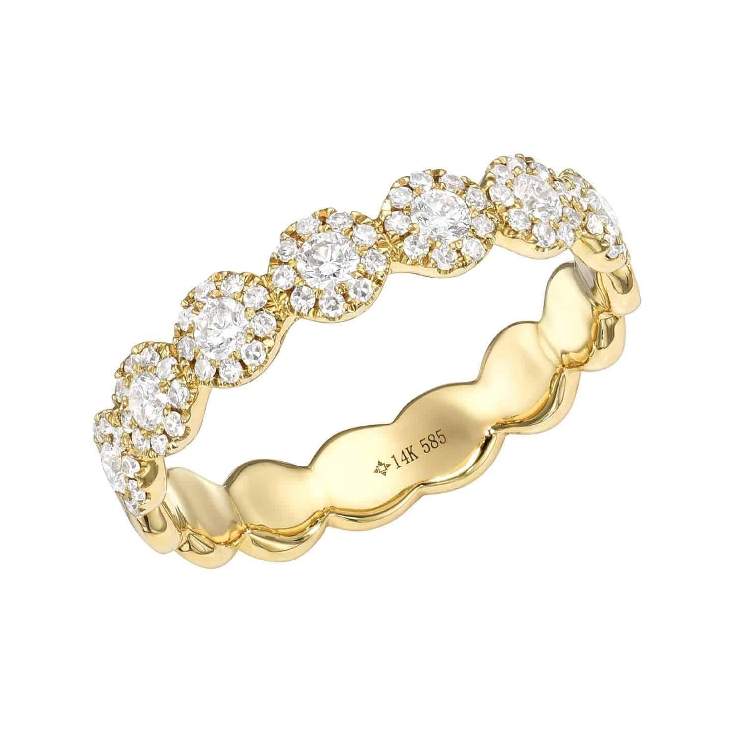 The Diamond Leah Ring features a gold scalloped band with round diamond clusters in a floral pattern, engraved “14K 585” inside. Available for preorder as a custom ring—please specify your ring size when ordering.