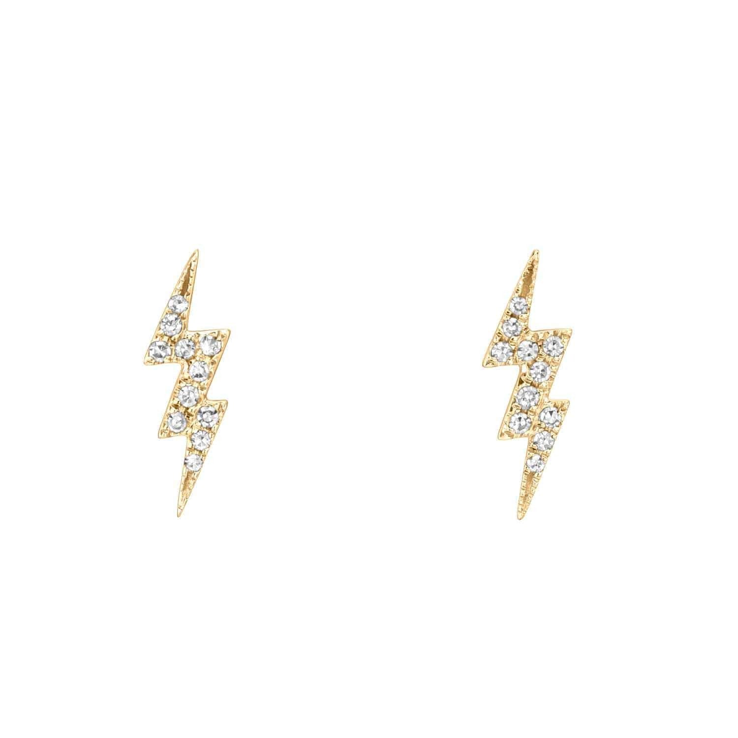 Diamond Lightning Bolt Studs, crafted in the style of fine jewelry and adorned with sparkling diamonds in a gold lightning bolt shape, are displayed on a white background.