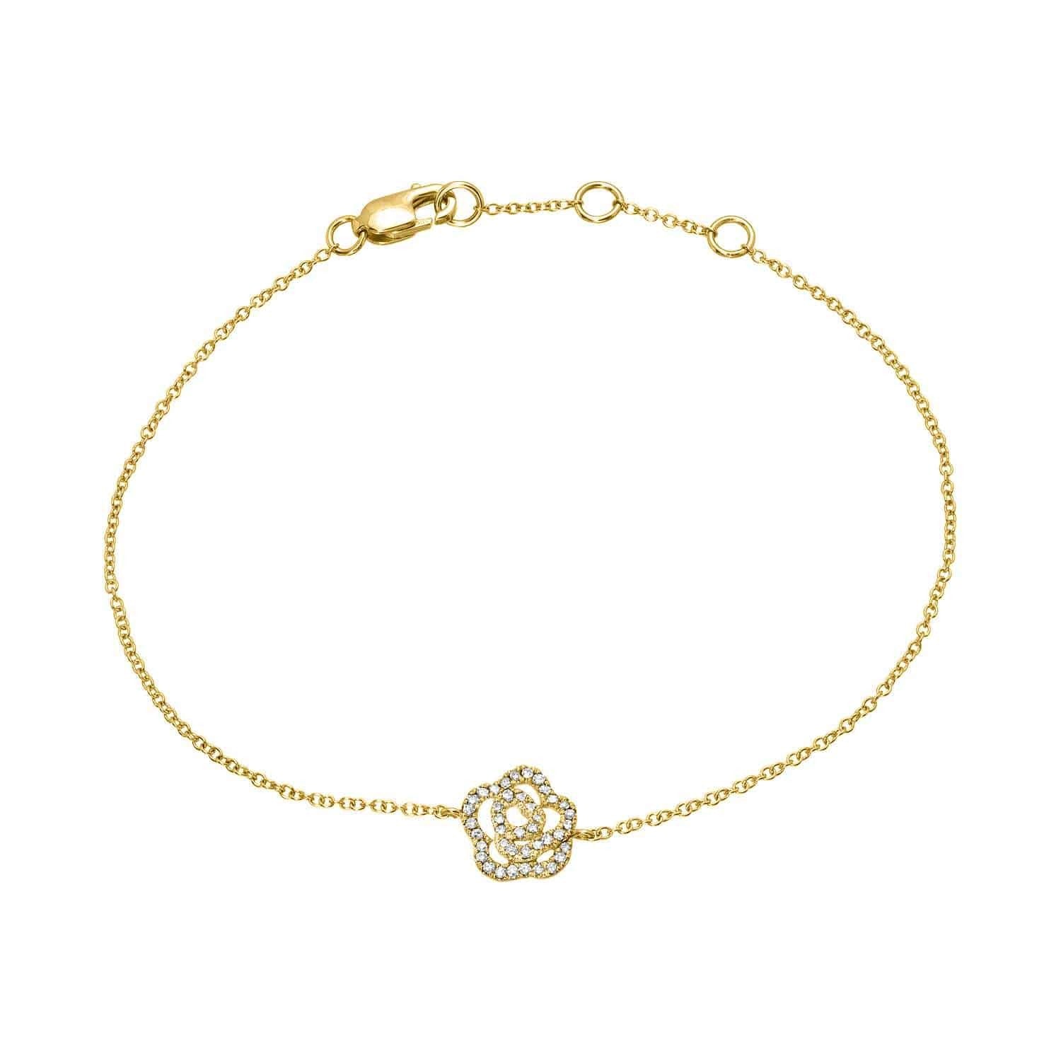 Introducing the Diamond Rose Bracelet: a delicate gold chain bracelet adorned with a petite, diamond-studded rose charm at the center and finished with a secure lobster clasp closure.