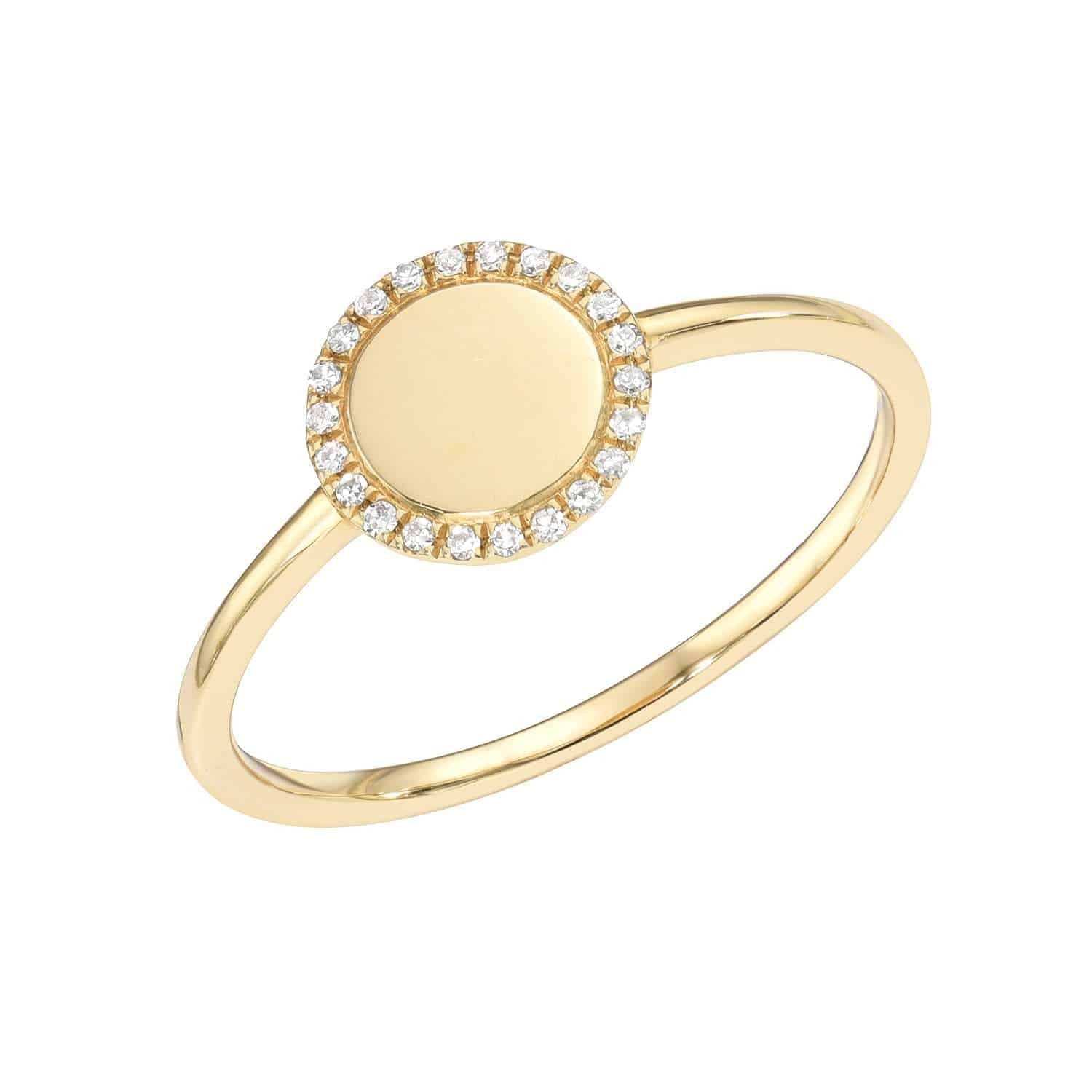 The Engravable Jade Ring features a plain, round center embraced by a circle of small, sparkling diamonds on a slender gold band—an elegant custom piece that offers timeless style and the opportunity for a personalized touch.
