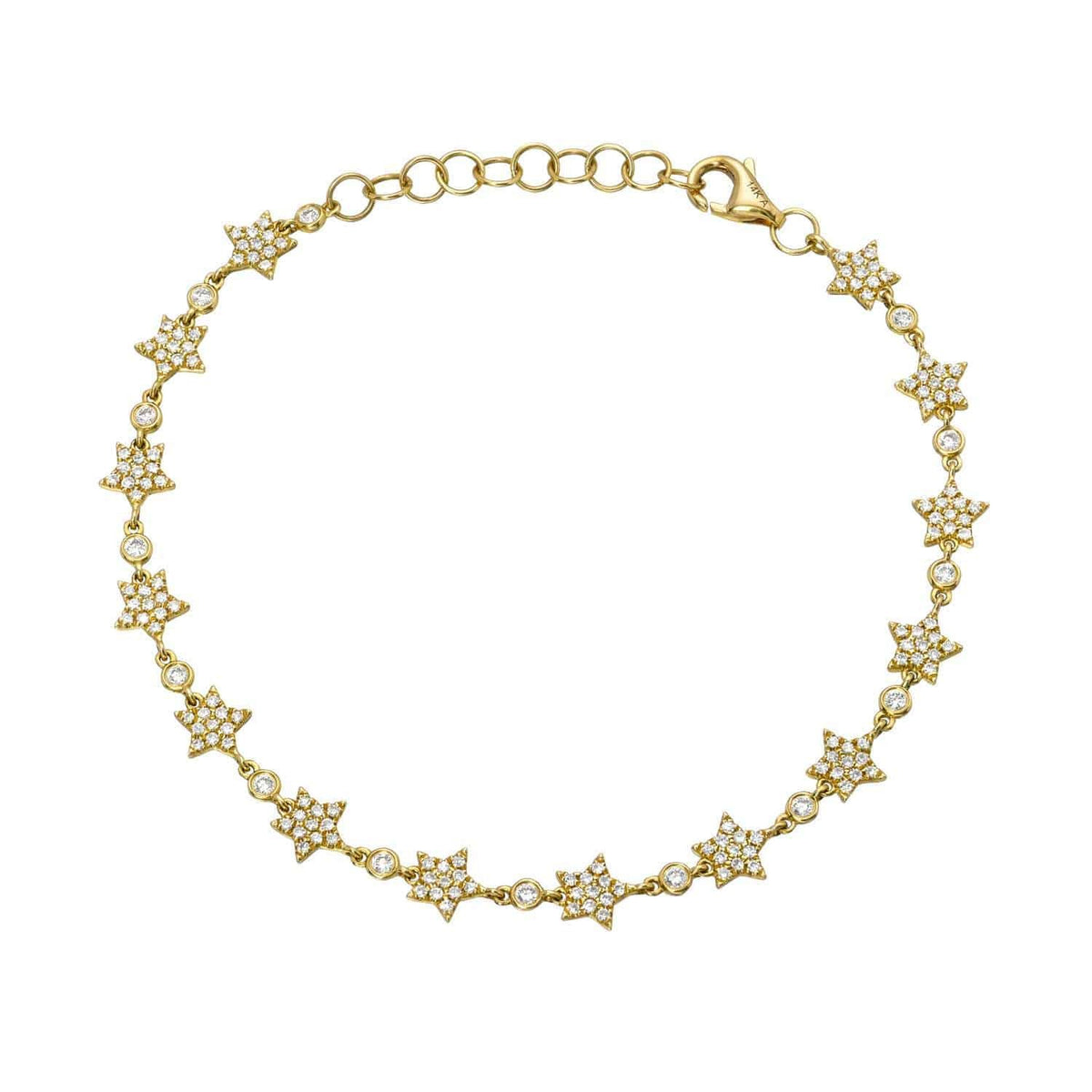 Introducing the Repeating Diamond Stars Bracelet: a gold bracelet featuring small, star-shaped links encrusted with clear stones and connected by delicate round links, complete with an adjustable clasp. This stunning piece from Janet Heller Fine Jewelry is perfect for those seeking elegant custom jewelry or looking to make jewelry inquiries.