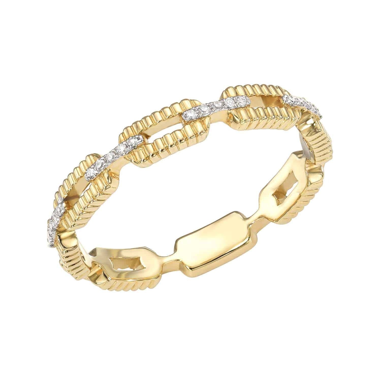 The Two Tone Diamond Link Ring by Janet Heller is a preorder piece featuring a geometric, textured gold design with small diamonds embedded along the top half of the band.