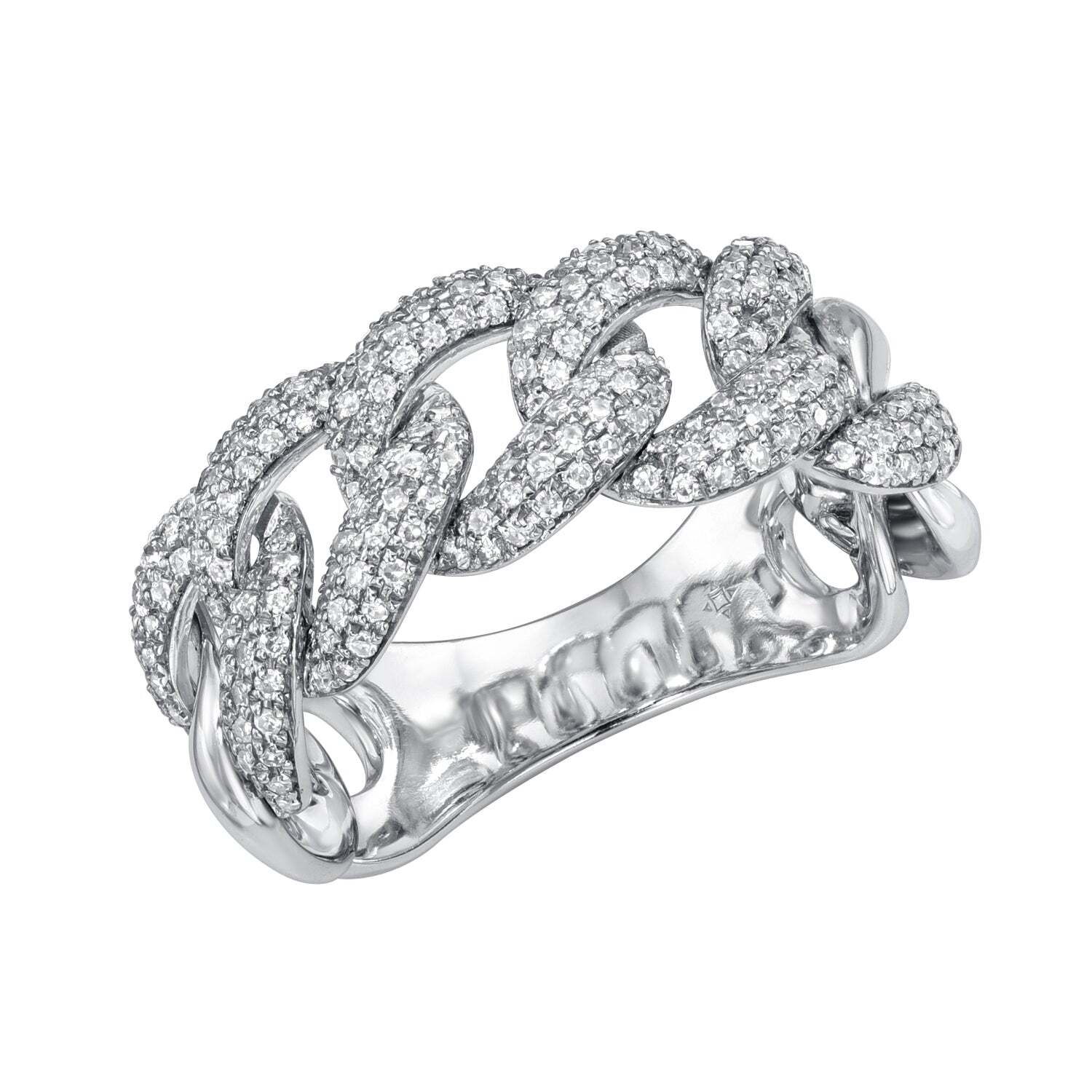 The Diamond Hunter Ring (SKU: RIN-371-5-Y) is a wide silver band featuring an interlocking chain design, exquisitely encrusted with small, sparkling diamonds on each link. Created by Janet Heller and available for preorder at $2,352.00, this fine jewelry piece promises timeless elegance and sophistication.