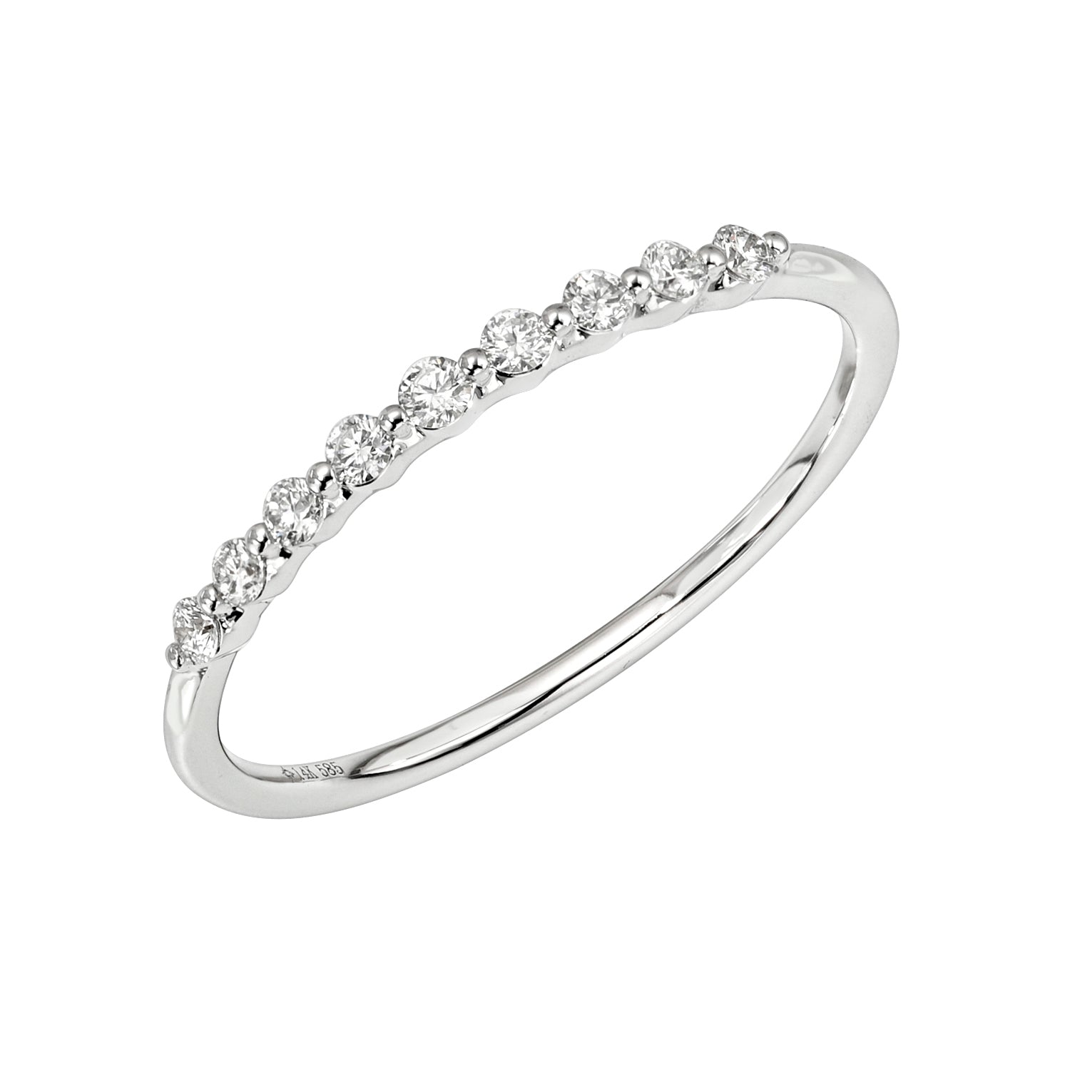 The 9 Diamond Delilah Ring is a delicate, minimalist stacking ring featuring nine small round white diamonds set along the top half of the band—ideal for layering with your other favorites.