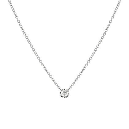 The 14KW Petite Single Diamond Necklace is crafted from delicate 14k white gold and features a single small round diamond pendant at its center, displayed against a plain white background.