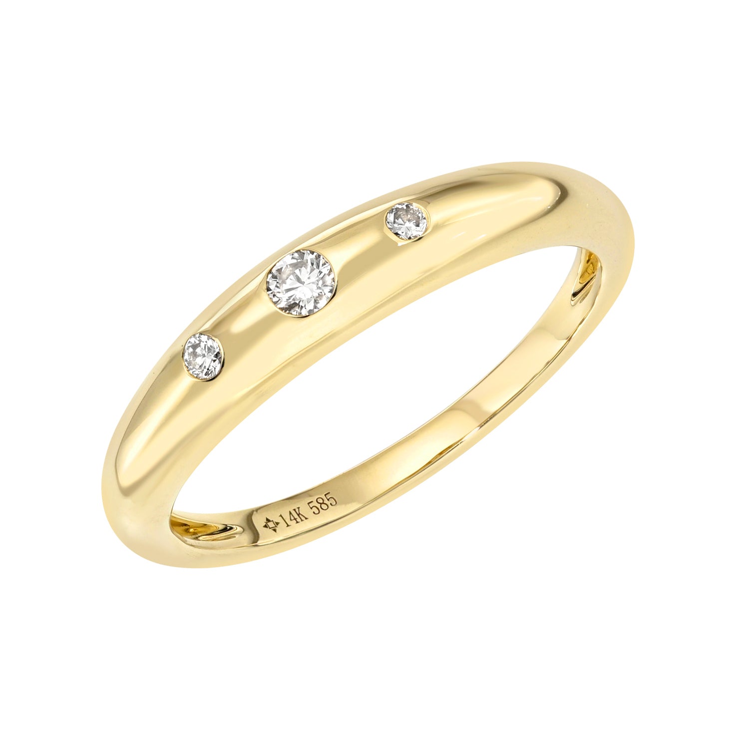 The 3 Diamond Dome Ring is crafted in polished 14KT gold and features three round white diamonds set in a row on the band, with a minimalist style and an engraved 14K gold mark inside.
