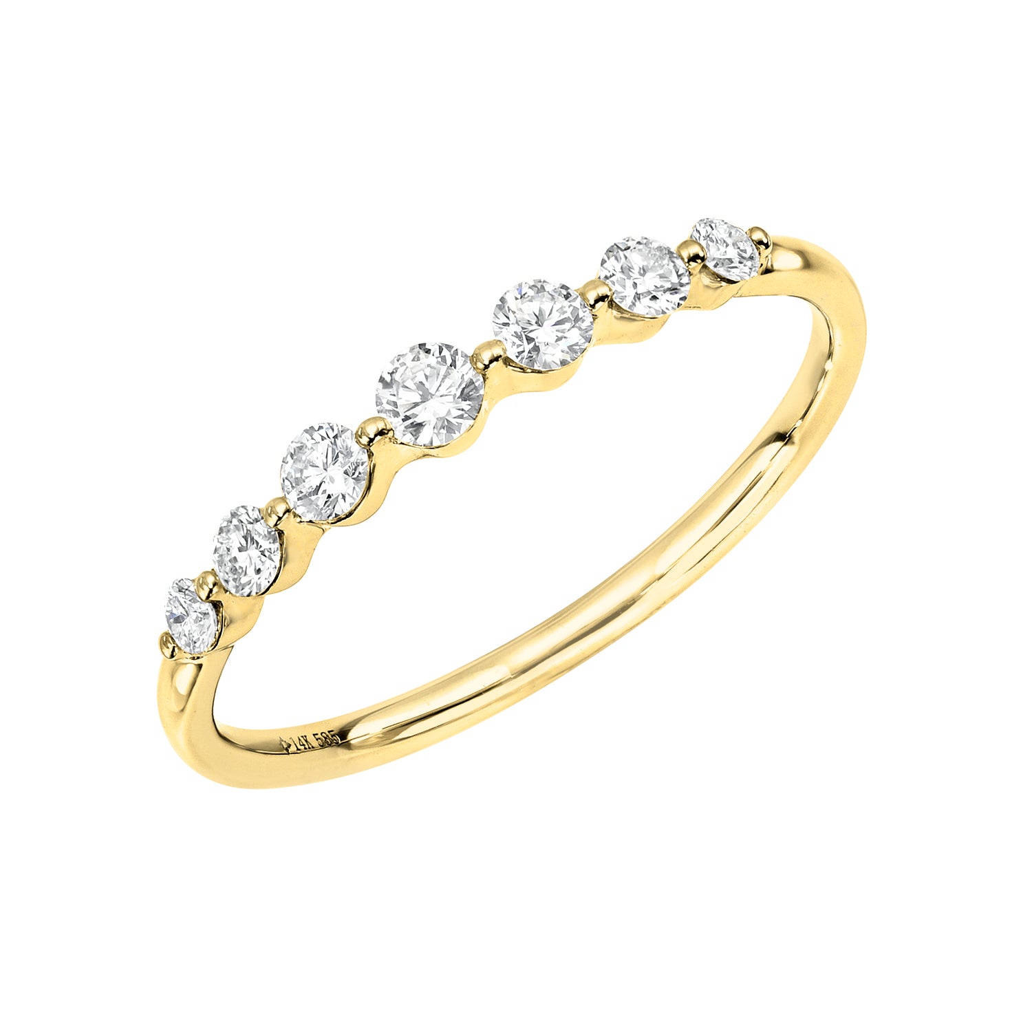The 7 Diamond Samantha Ring is crafted in 14KT gold and features seven round white diamonds set in a row along the band—a stunning piece of fine jewelry.