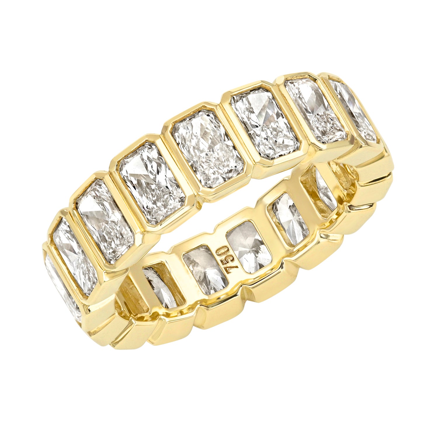 The Full Lab Radiant Diamond Eternity Ring features rectangular-cut clear diamonds in a bezel setting all around, with 750 engraved inside to indicate 18-karat gold.