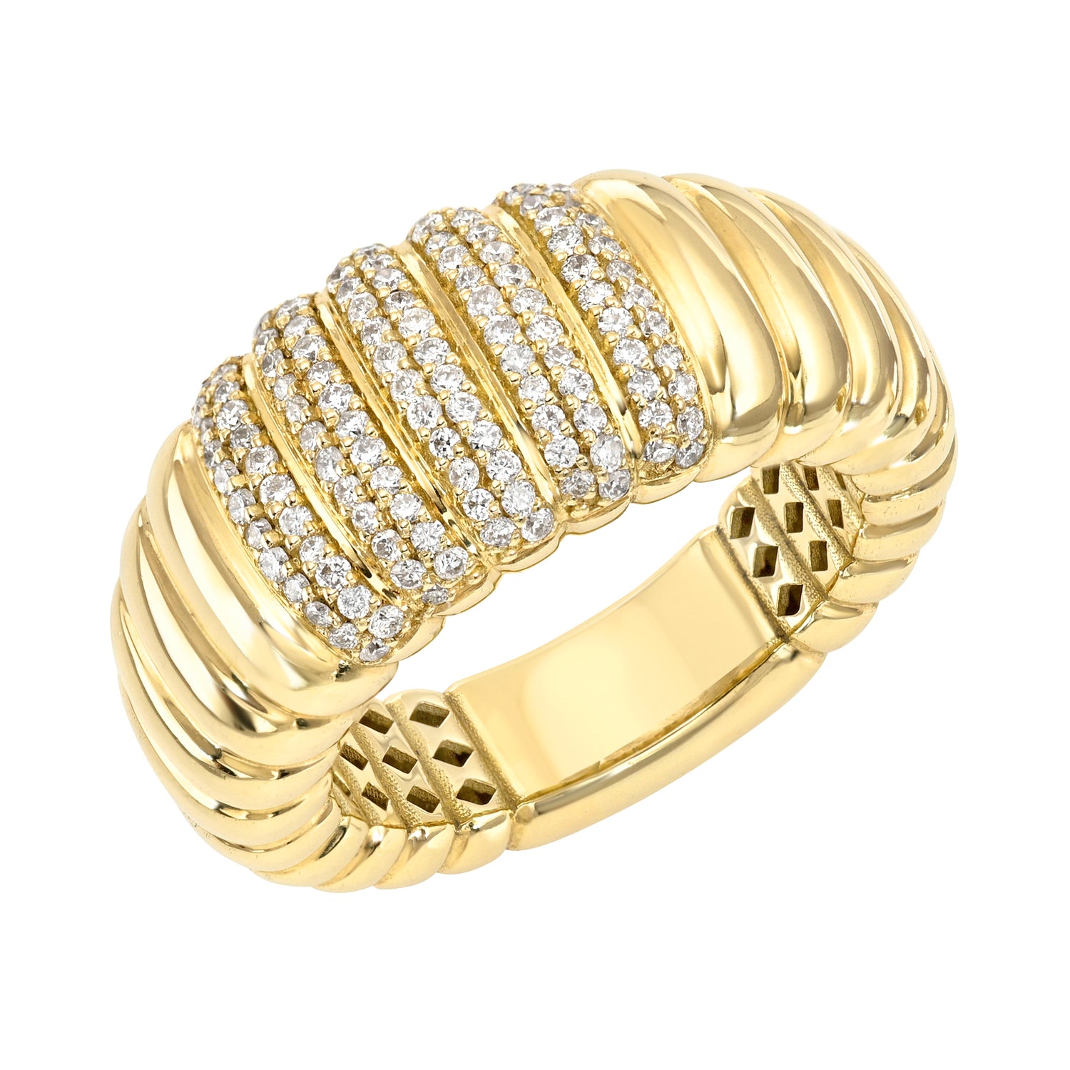 The Medium Diamond Ribbed Ring from Janet Heller Fine Jewelry is a 14KT gold ring with a ribbed design, featuring three rows of sparkling diamonds across the top and textured, grooved sides.