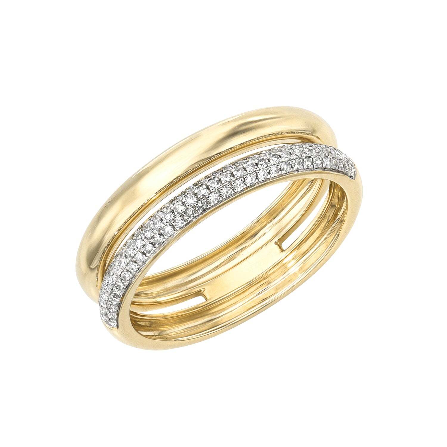 Introducing the Double Row Pave Diamond Ring from Janet Heller Fine Jewelry—a stunning piece featuring two sleek gold bands seamlessly intertwined with a diamond-encrusted pave band. Available for preorder in your chosen ring size to ensure a flawless fit.