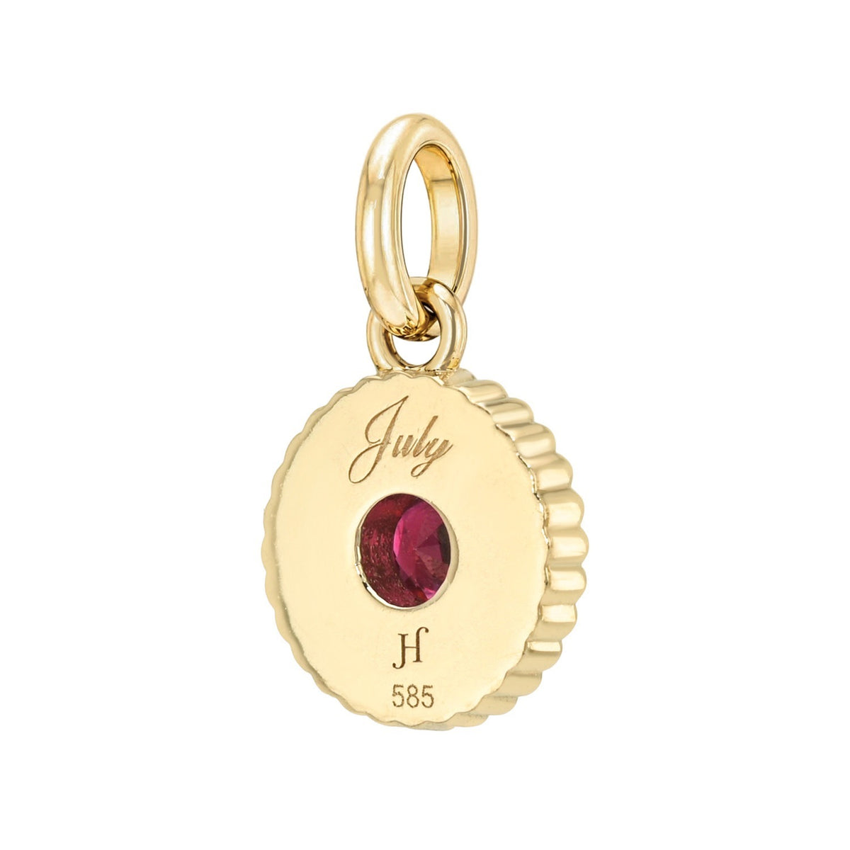 Round gold Birthstone Charms featuring a red gemstone in the center, engraved with the word July above the stone and 585 below it.