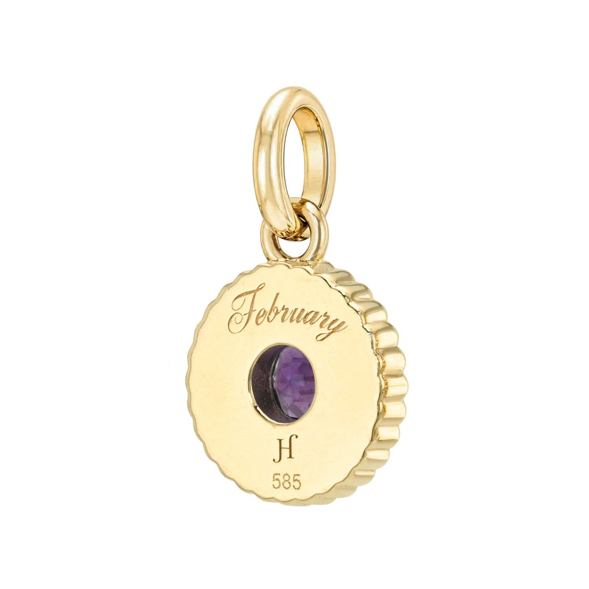 Gold round Birthstone Charms charm with a scalloped edge, featuring an inset purple stone, the word February in script, and a 585 hallmark.