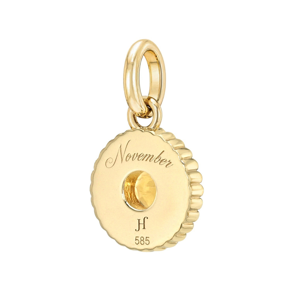 Round gold Birthstone Charms featuring a central yellow gemstone, inscribed with November, a hallmark, and 585.