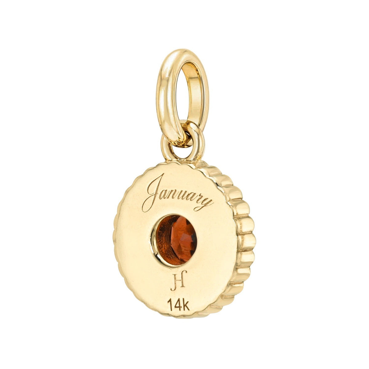 Gold Birthstone Charms charm with a scalloped edge, featuring a central dark red gemstone and the word January engraved above it.