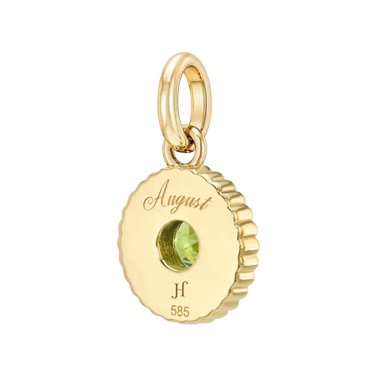 Birthstone Charms gold charm with a scalloped edge, featuring a green gemstone in the center and the word August engraved above it.