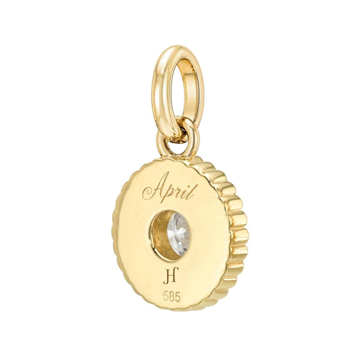 Round gold Birthstone Charms engraved with April and a small clear gemstone at its center.